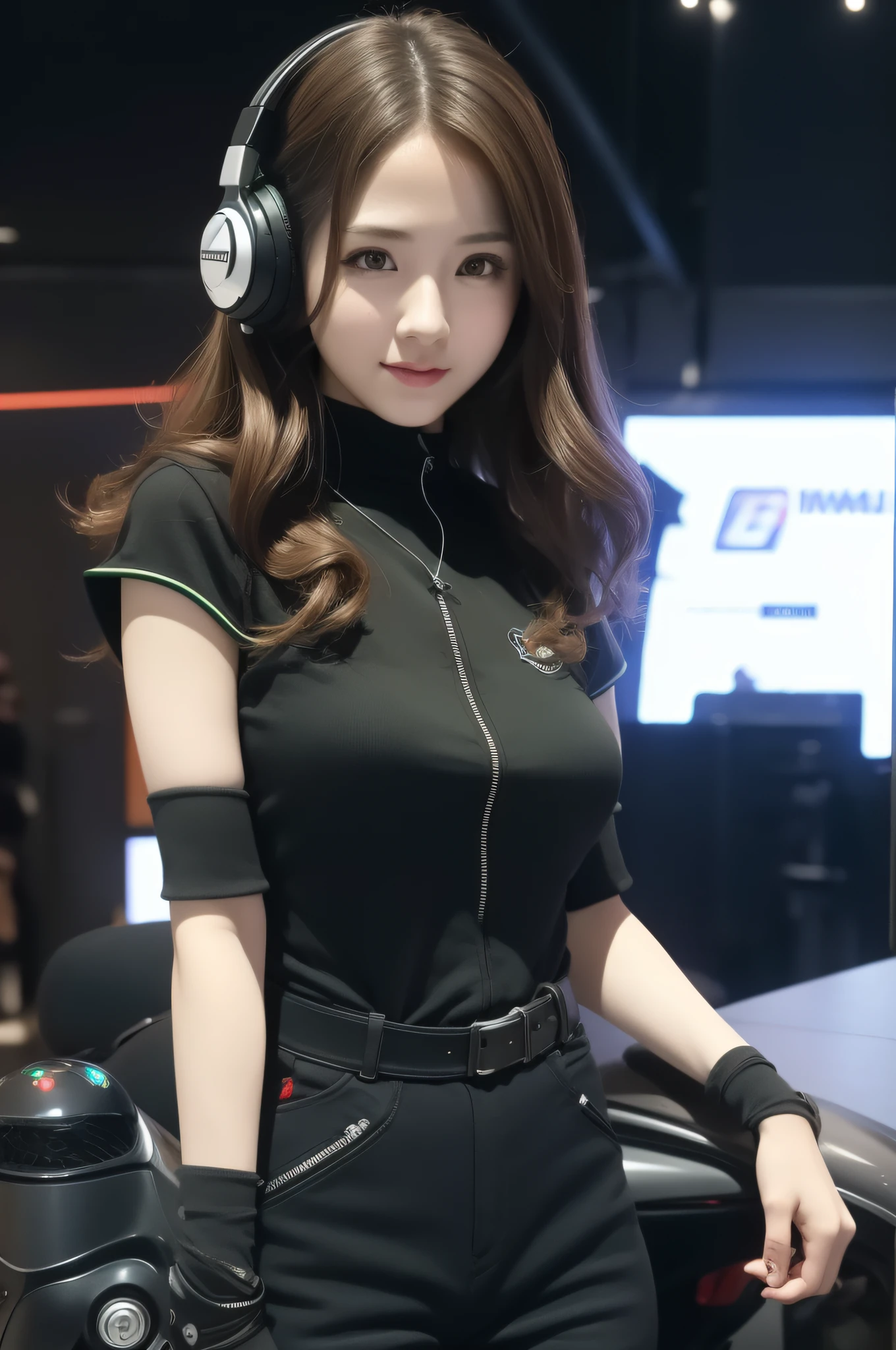 best quality, masterpiece, (realistic:1.2), 1 mechanical girl, brown hair, brown eyes, Front, detailed face, beautiful eyes, Genshin impact, headphones, full body, riding Kawasaki Ninja H2R