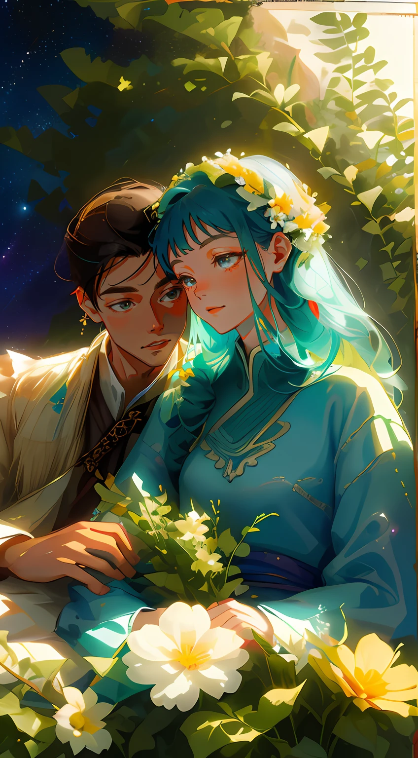tmasterpiece, hiquality, Guy and girl holding hands, Ukrainian symbols, Ukrainian national costumes, Boho style,In transparent, neon garland, night time, neon lights, romance, happiness, Love,Lovers, holiday, Plants, a starry sky, galaxy, Magic reigns around them, Magic, Flowers, fern, Beautiful sunset, merriment, Floral arrangements, wreaths of flowers on the head, woods, Flower glade, willow, Willow, Willow, 8K, Colorful, full color drawing,