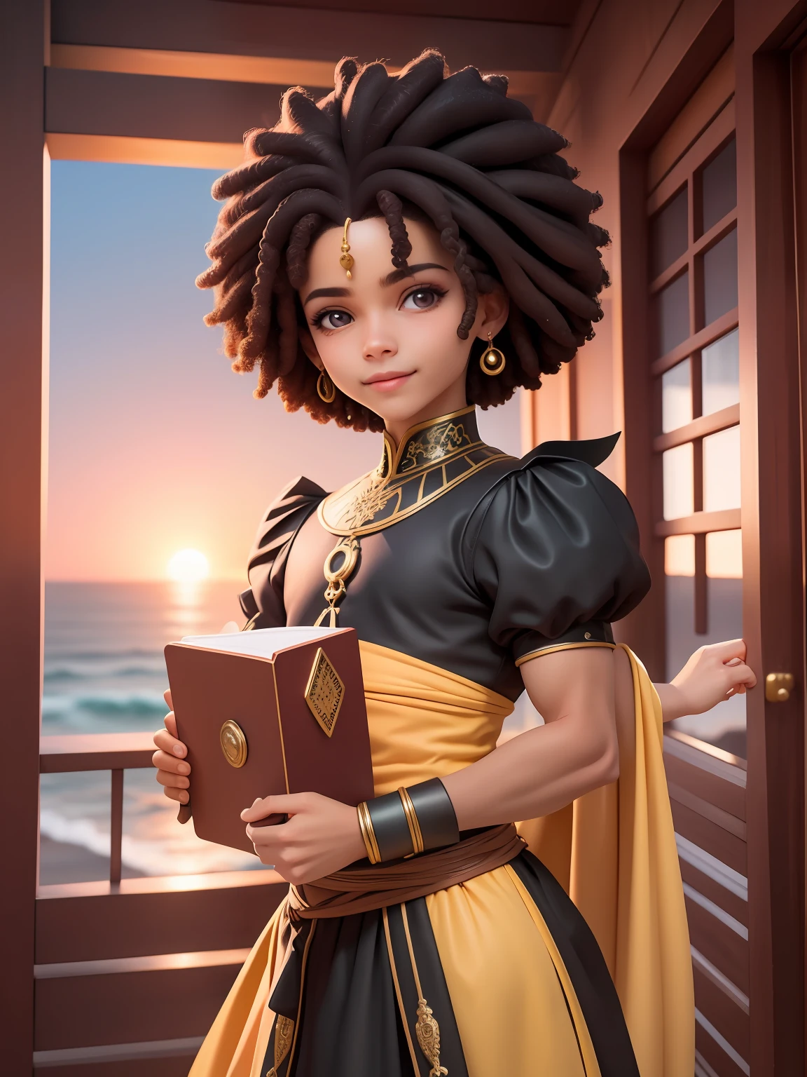 (master part),(best quality),(ultra-detalhado), (corpo inteiro:1.2), homem negro, adolescente, guerreiro, universo de fantasia, confiante, Sorriso leve, vestido longo, flor, ao ar livre, turbante, :3, roupas afro, vestido afro, prince, Blurry, short hair, brown hair, Resumo de Antecedentes, Sunset (Rosto bonito e detalhado), (belos olhos detalhados),