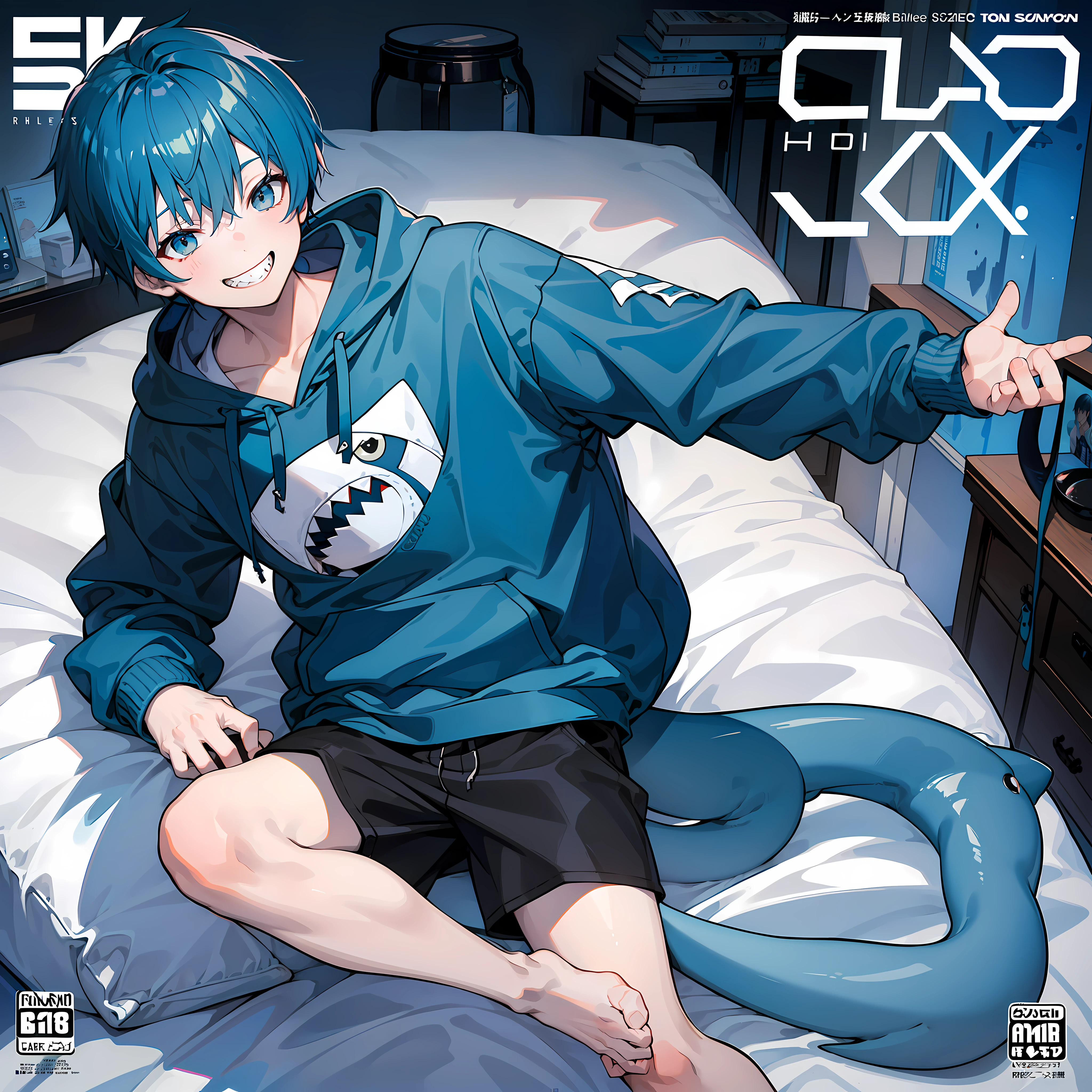 masterpiece, best quality, full body, (1boy), (Wearing a blue shark tail hoodie), (boy smiling sharp teeth), (Boy Messy Japanese Round Haircut for Thick Hair), (blue hair), black shorts, ((solo)), (magazine:1.3), (cover-style:1.3), fashionable, (Boy play game in bed room)