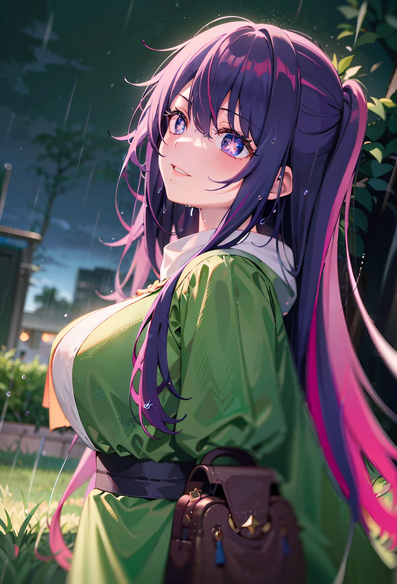one-girl((There is a five-pointed star in the eye))A girl with long purple hair,very heavy rain,In the rain,large lawn,Drenched