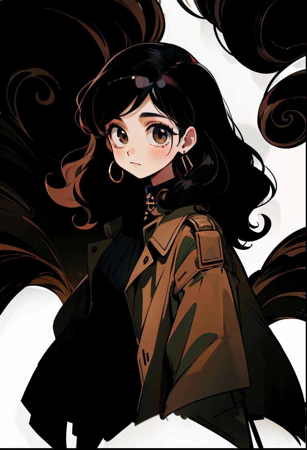 Black hair, 1Girl, Burberry Clothing, Wavy hair