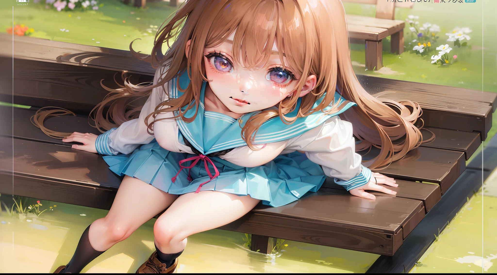 Girl sitting on wooden bench, Full Color Manga Cover, brown hair with light blue ends,,,,, Looking down at you, Film Key Art, Smiling softly, DVD Cover, uniform plain sky, Inspired by the taiga of the pond, Bend a little, Humanized, 2 0, Looking directly at the camera、Large, H cup size plump breast,、a sailor suit、Mikuru Asahina