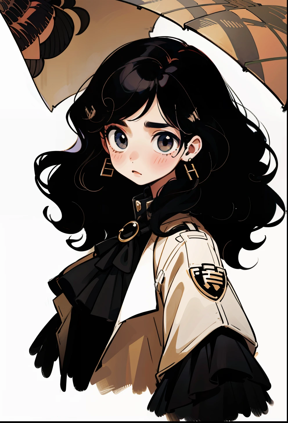 Black hair, 1Girl, Burberry Clothing, Wavy hair