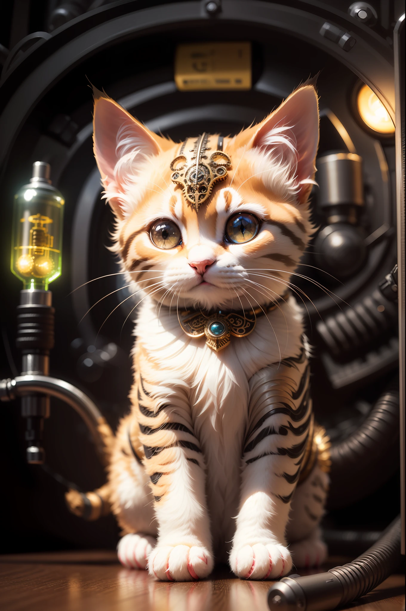 a cute fluffy kitten made out of metal, cyborg, cyberpunk style, clockwork, ((intricate details)), hdr, big eyes, ((intricate details, hyperdetailed)), vacuum tube or electron tube, cinematic shot, vignette, bokeh effect beckground