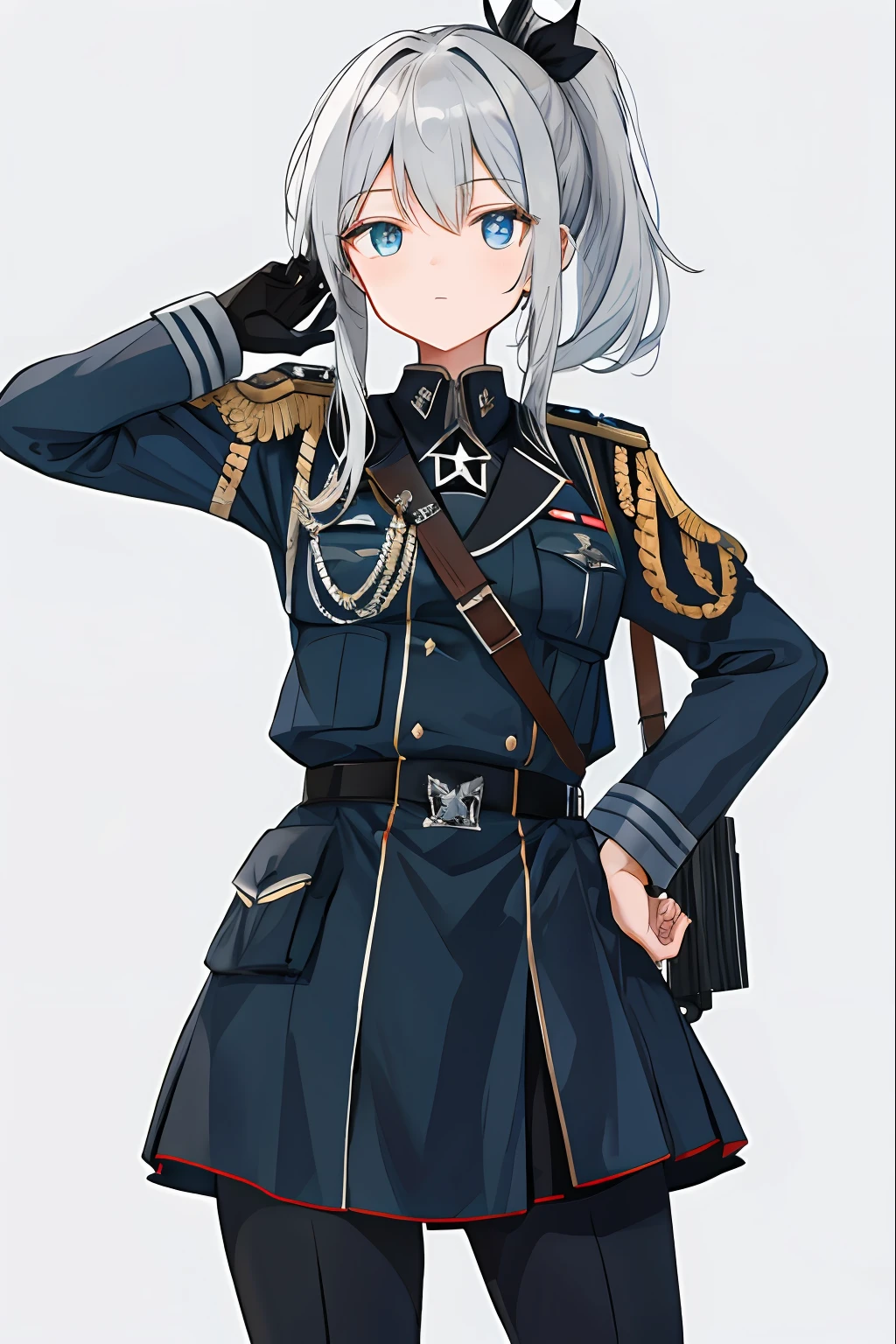 German black military uniform,schoolgirls,silber hair,Iron Cross emblem,sideface,High ponytail,Hold the gun in your left hand