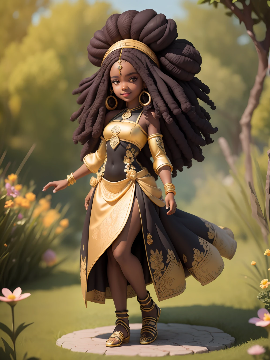 (masterpiece),(best quality),(ultra-detailed), (full body:1.2), black woman, teenager, warrior, fantasy universe, long dress black, light smile, flower, outdoors, turban, :3, afro clothes, princess, blurry, brown hair, black hair, background abstract (beautiful detailed face), (beautiful detailed eyes),