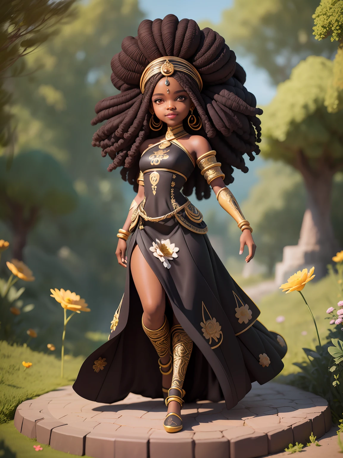 (masterpiece),(best quality),(ultra-detailed), (full body:1.2), black woman, teenager, warrior, fantasy universe, long dress black, light smile, flower, outdoors, turban, :3, afro clothes, princess, blurry, brown hair, black hair, background abstract (beautiful detailed face), (beautiful detailed eyes),