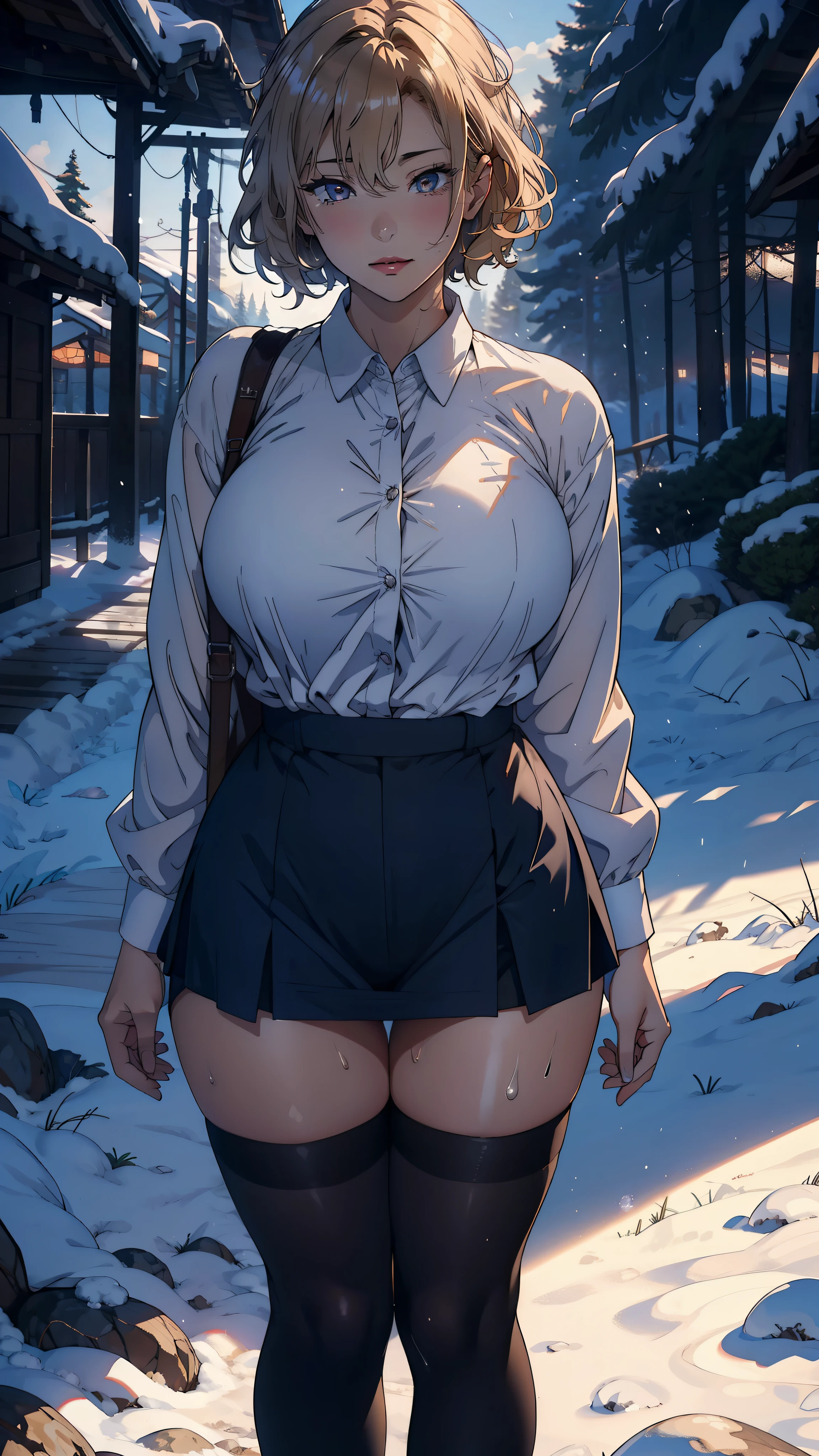 1female，45 yers old，Large breasts，nakeness，with no underpants， 独奏，（Background with：coniferous forest，at winter season，Snow on the ground）  She has short blonde hair， standing on your feet，Sweat profusely，drenched all over the body，From the front side， curlies， mostly cloudy sky，（（（tmasterpiece），（Very detailed CG unity 8K wallpaper），best qualtiy，cinmatic lighting，detailed back ground，beatiful detailed eyes，Bright pupils，（Very fine and beautiful），（Beautiful and detailed eye description），ultra - detailed，tmasterpiece，）），facing at camera，A high resolution，ultra - detailed），JK school uniform，blackstockings，Pussy bulge，Camel toes