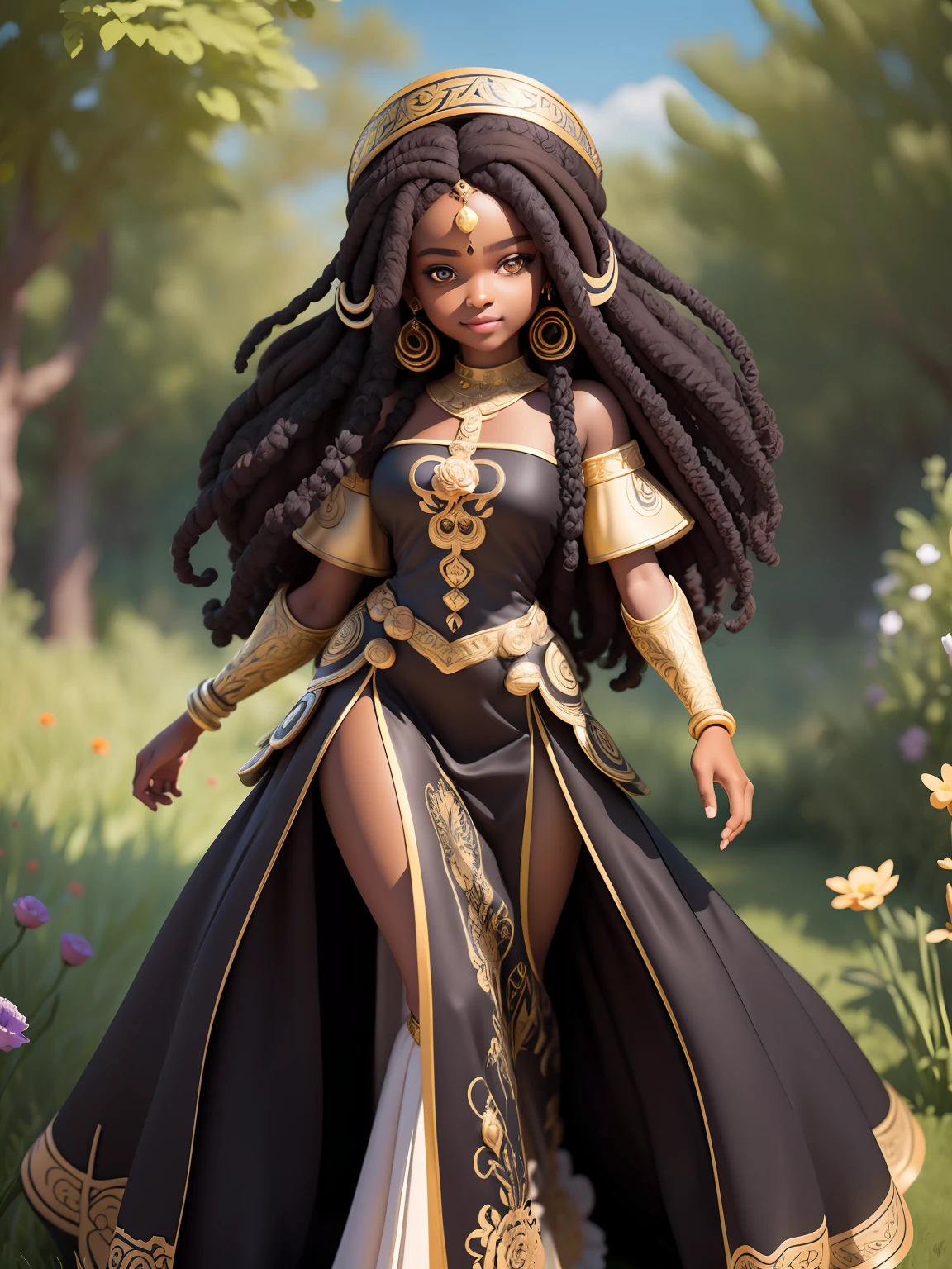 (masterpiece),(best quality),(ultra-detailed), (full body:1.2), black woman, teenager, warrior, fantasy universe, long dress black, light smile, flower, outdoors, turban, :3, afro clothes, princess, blurry, brown hair, black hair, background abstract (beautiful detailed face), (beautiful detailed eyes),
