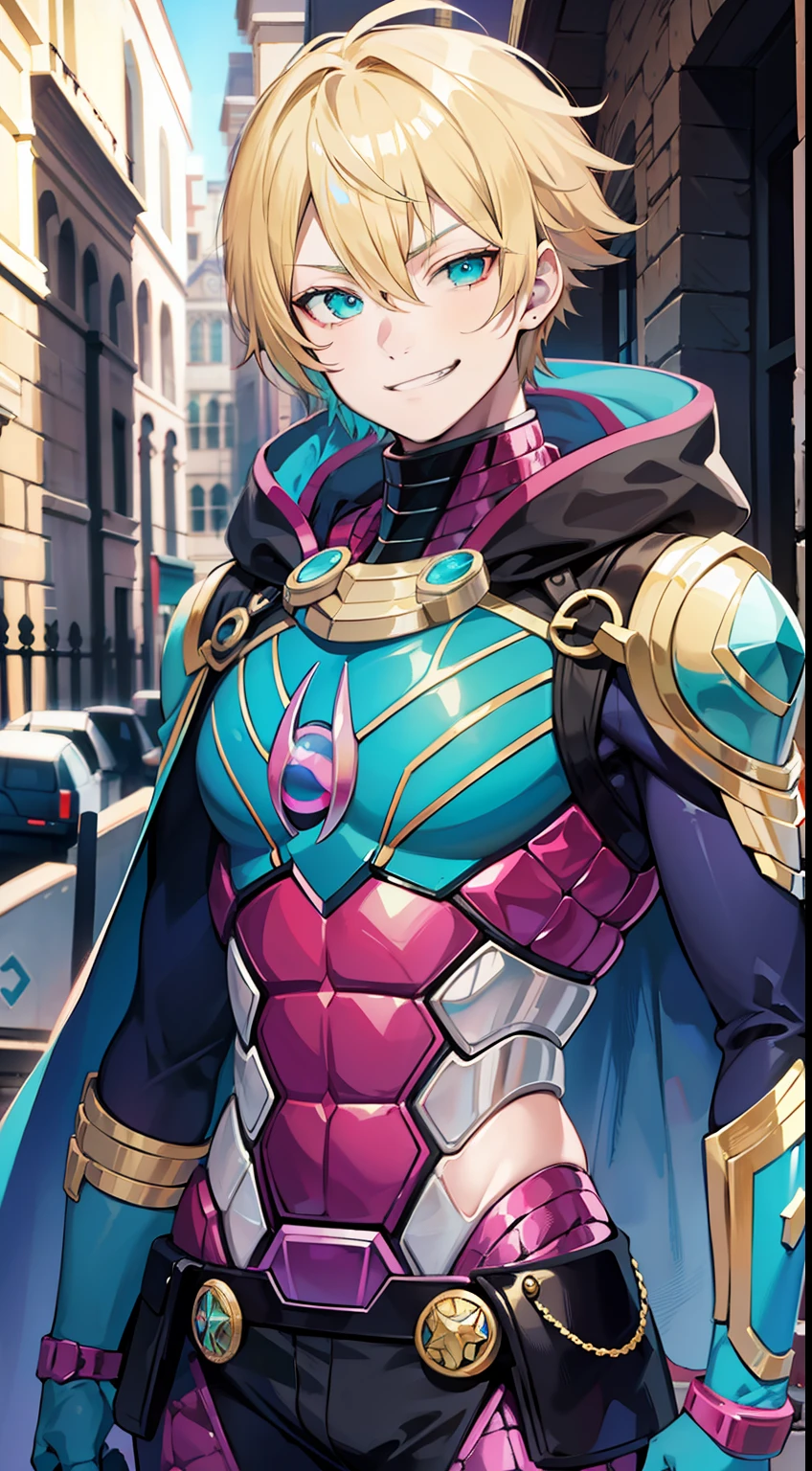 Young guy, short blonde hair, Cyan eyes, Mysterio, smirk, Masterpiece, hiquality