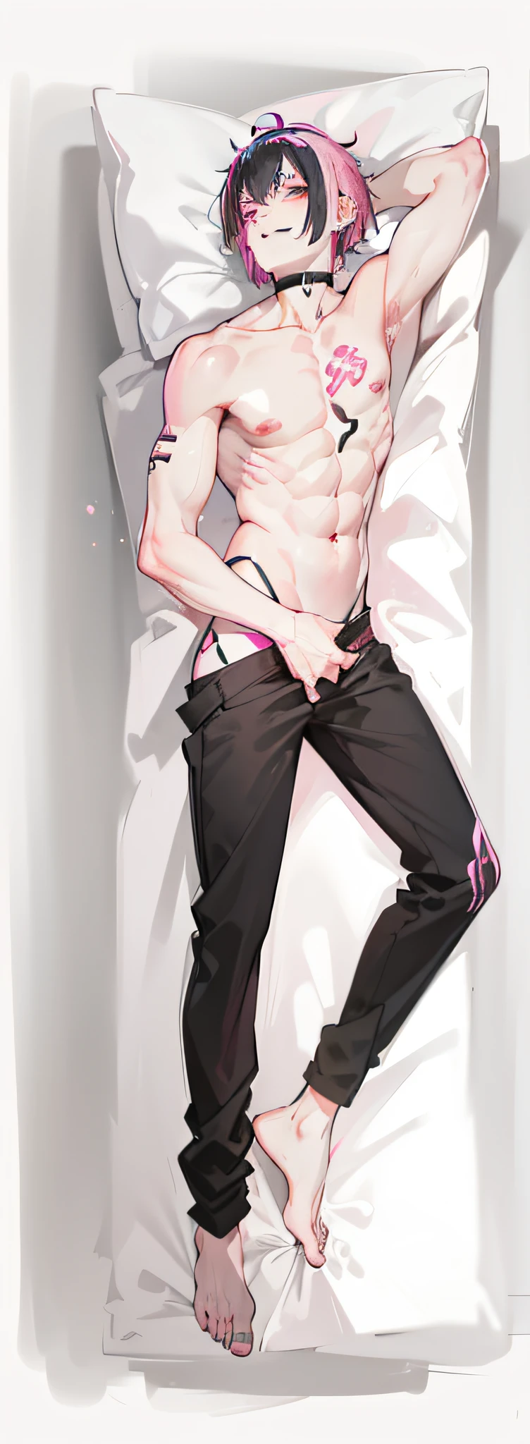 1 guy, 1 person, ((Pink Hair Color| black hair color)) ,((Black bangs)) Short hair, body piercings, Smile, vulgar,(( 独奏))), Evil eyebrows, cheeky, (gray eyes) wicked smile, Evil Look, Evil eyebrows, Male organs, tattoo, drool