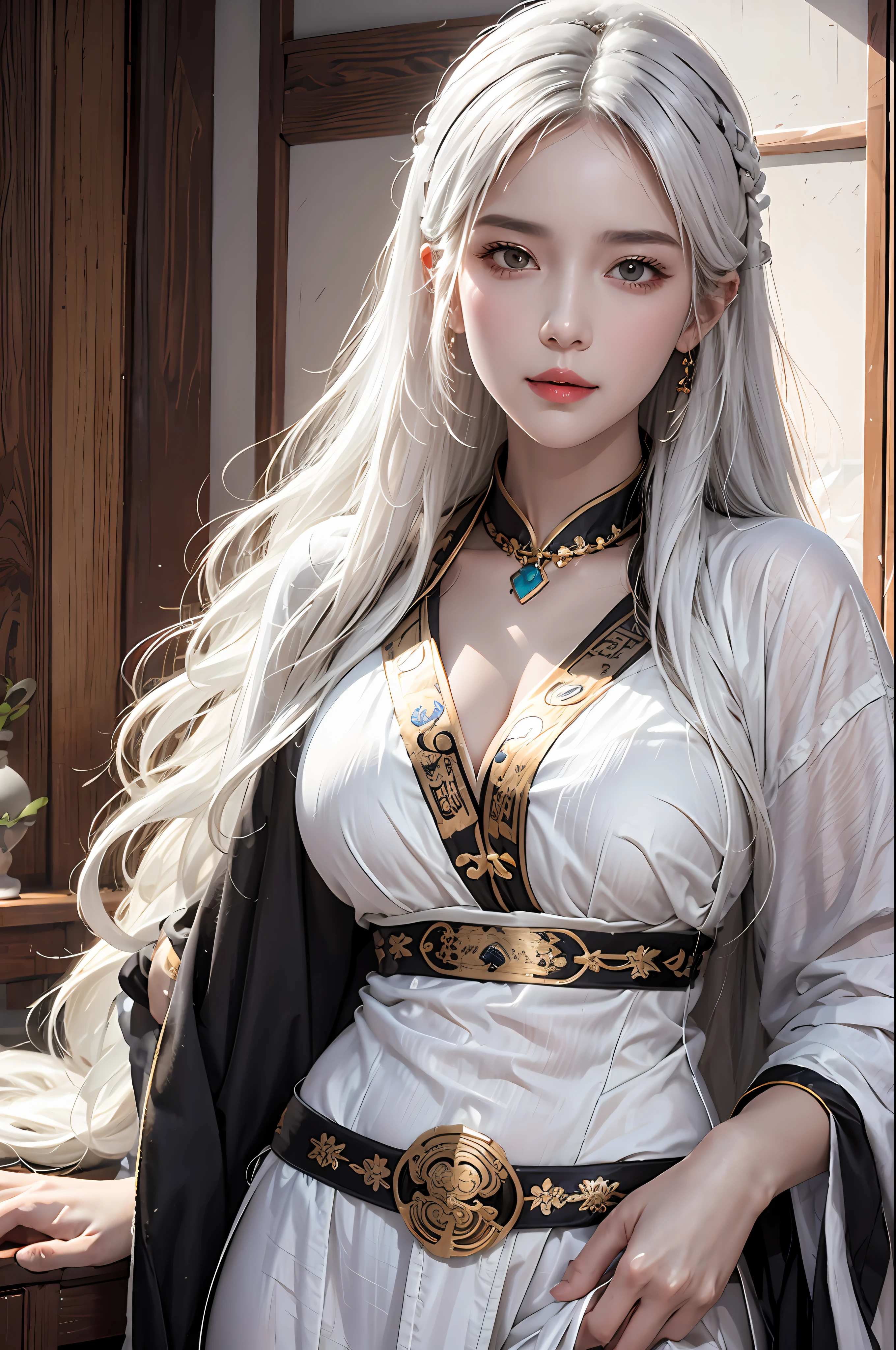 photorealistic, high resolution, soft lights, 1women, solo, hips up, look at viewer, (detailed face), white hair, long hair, colorful Taoist robe,oversized clothes, midjourney portrait, jewelry