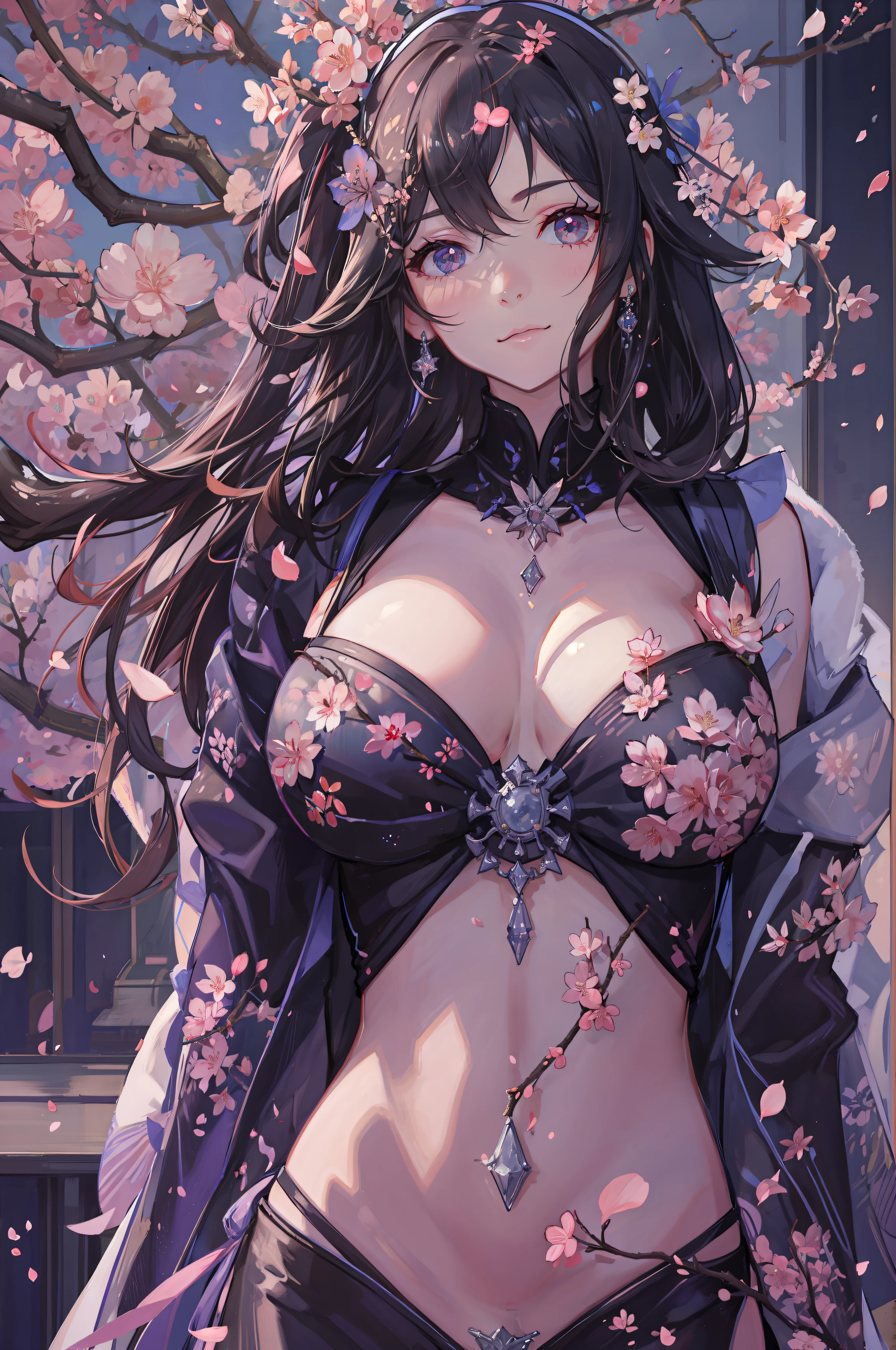 ((cyberpunk-style female torso)), ((artistic)), ((cherry blossom petals in the background)), revealing outfit, colorful long hair, glitter, UHD, retina, masterpiece, accurate, ultra Detailed, High Detail, High Quality, Award Winning, Highest Quality, High Definition, 1080P, HD, 4K, 8k, 16k