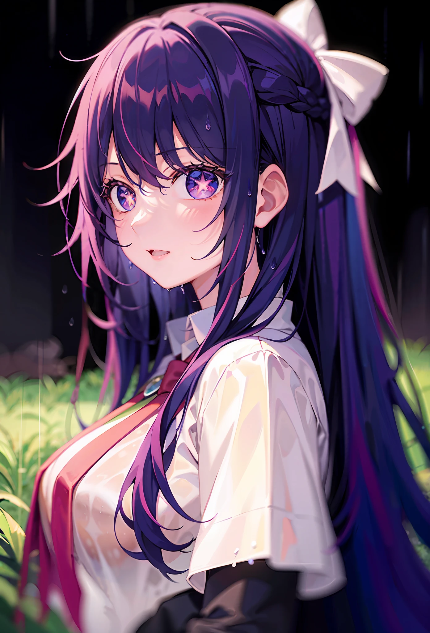 one-girl((There is a five-pointed star in the eye))A girl with long purple hair,very heavy rain,In the rain,large lawn,Drenched