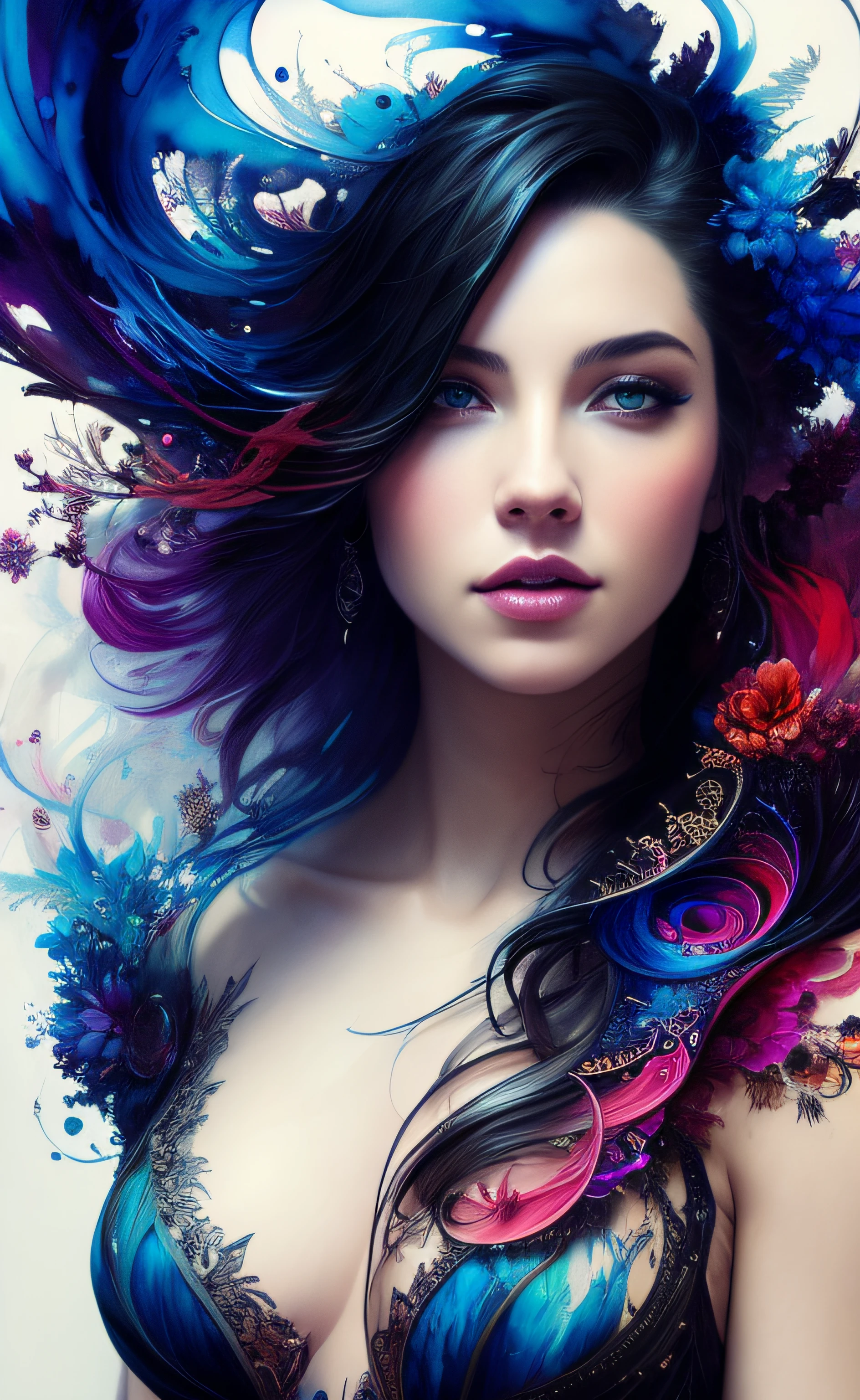Colorful beautiful woman: Black ink flow: 8k resolution photorealistic masterpiece: by Aaron Horkey and Jeremy Mann: intricately detailed fluid gouache painting: by Jean Baptiste Mongue: calligraphy: acrylic: watercolor art, professional photography, natural lighting, volumetric lighting maximalist photoillustration: by marton bobzert: 8k resolution concept art intricately detailed, complex, elegant, expansive, fantastical