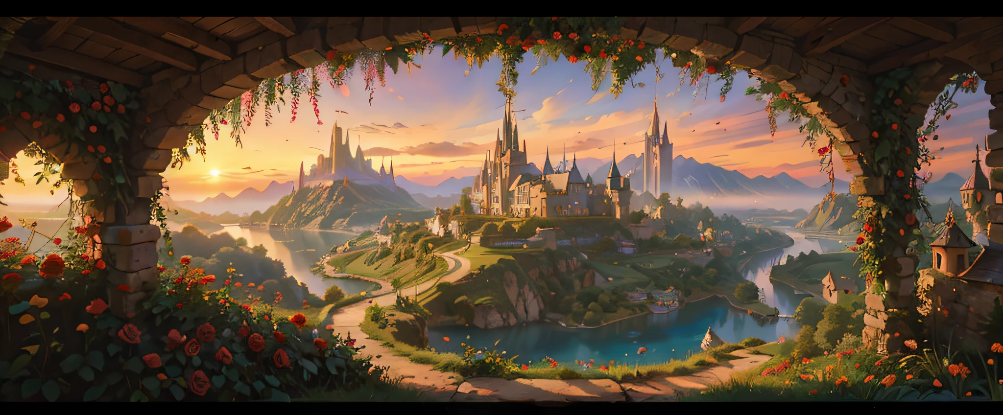 There is an image of a village at distance with red roses in the foreground, Disney art, Beautiful, magical fantasy village by the lake, enchanted lake background, disney concept art, heaven, sunset, most beautiful landscape, waterfall in the lake, magic everywhere, fairy tale art, fairy tale painting, golden frame with red roses, Fantasy, Greg Hildebrandt highly detailed, fantasy Victorian artwork, beautiful rendering of a fairytale