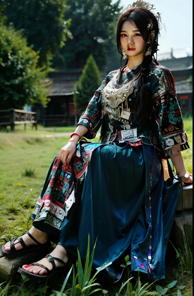 1womanl,Around 30 years old,standing in grassy field,The upper half wears a sky blue shirt,She wore a short black skirt underneath,full bodyesbian,Wearing sandals