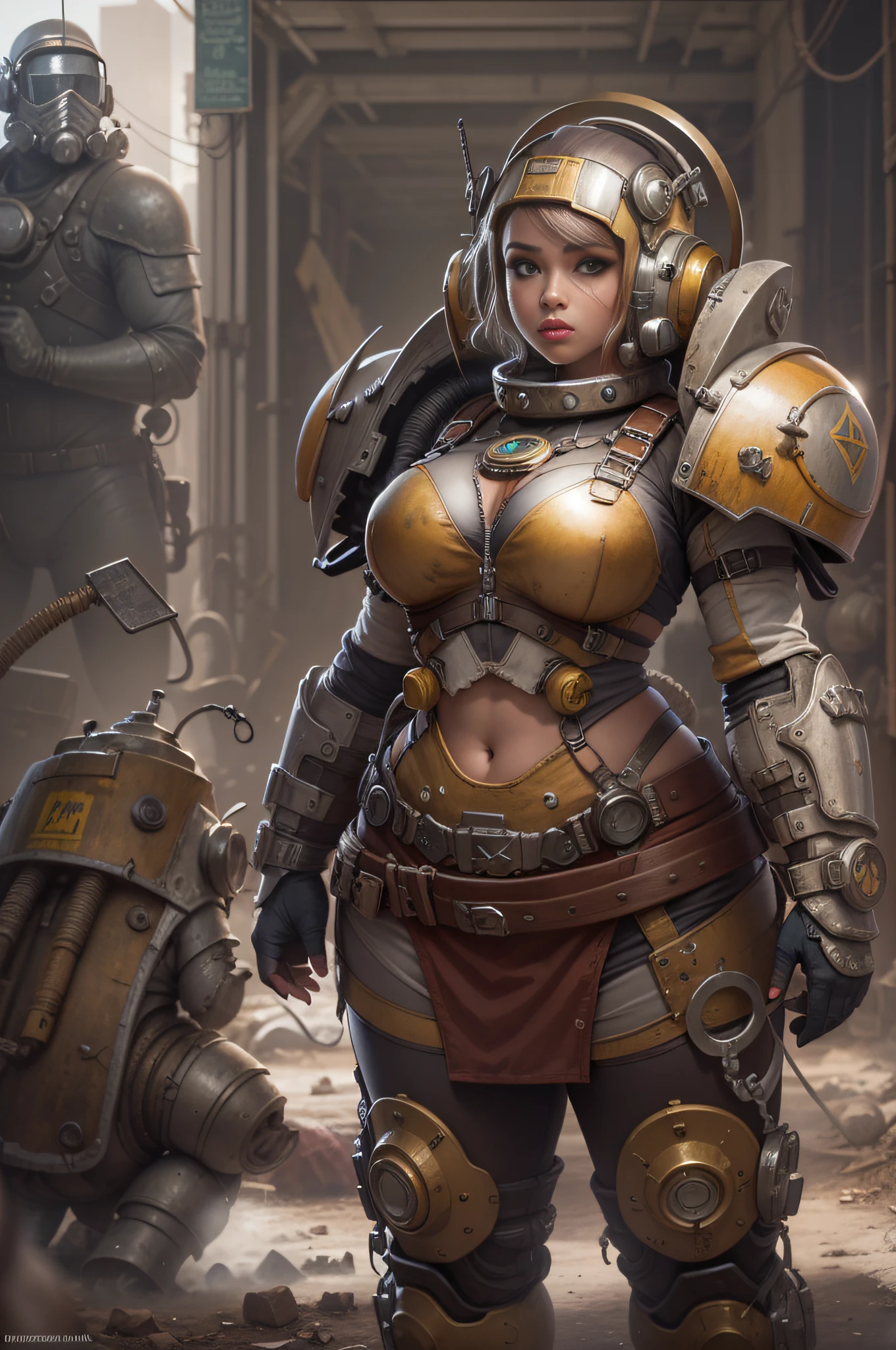"Renaissance meets Fallout: a curvy girl adorned in power armor, with a halo of saints on her head."