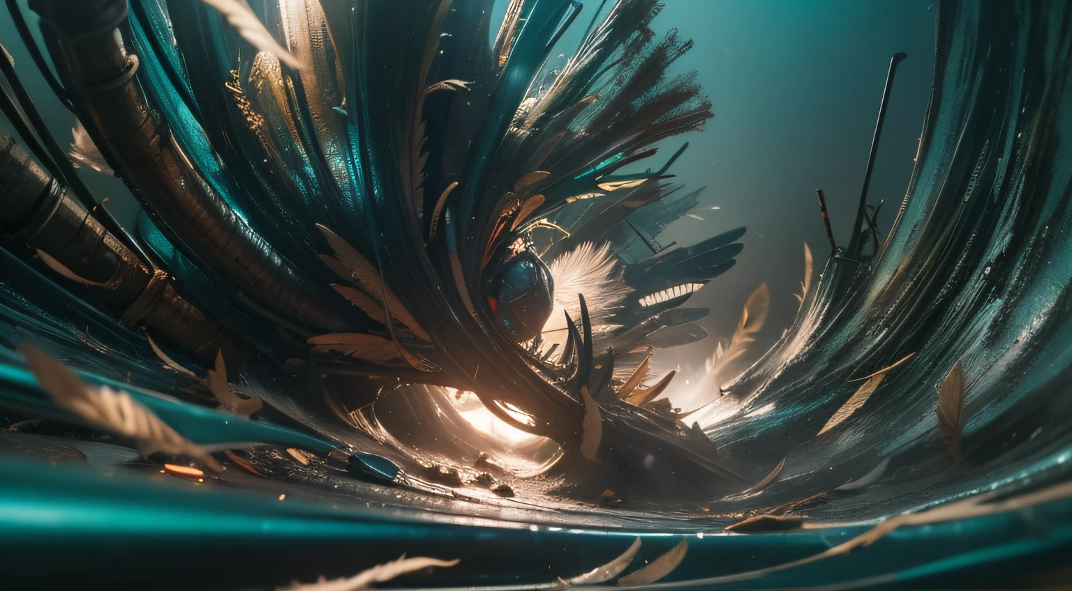 a heavily distorted, dim bounced light barren void, multiple object s comprised of contorted feathers/machinery/pipes/rusted components is floating in the air, desaturated teal colored metal paneling, amorphous dark material is being warped and torn into remnants, extra detail, 4kHD details, best resolution, surrealistic composition, extreme camera angle, motion blur, depth of field, foreshortening, tilted camera angle, cinematic lighting, movie scene, precise details, intense details, panoramic image, image within image