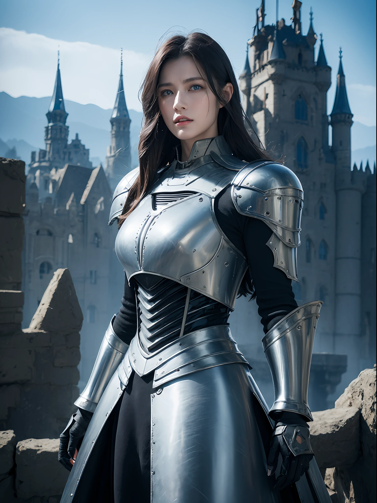 Masterpiece, best quality, high resolution, 8K, Portrait, realistic photo,（ Combining clothes with Korean fashion designs），Digital photography, full body, 1 16 year old girl, (cyborg), beautiful blue gray gradient long hair, blue eyes, intricate, elegant, Highly detailed, Evil Crown, Black dress, ,silver metal exoskeleton armor, Intricate knight's hollow armor,power armor, cutout design, Mechanical structure, photo pose, solemn,, red lips, From the film Kingsglaive Final Fantasy XV.Metallic texture, oc rendering，Reflective texture, ((Clothing cutting)), ((With castles and giant moster in the background))