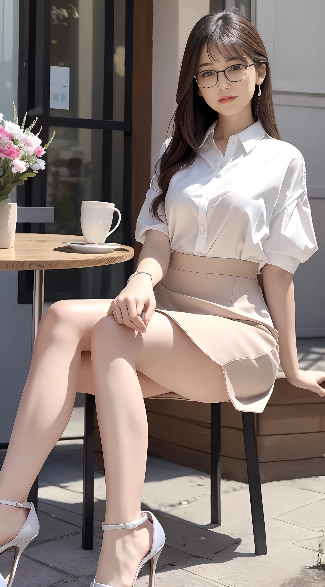 (8k,best qualtiy,Mastering:1.2),(realisticlying,photo-realistic:1.37),ultra-detailliert,1 girl with glasses,looking at viewert,Black stockings,adolable,Beautiful detailed sky,Meticulous café,Sit at the table for afternoon tea,full bodyesbian,(ssmile:1.15),Keep one's mouth shut,Bigchest,Lace tight top,Shoulders exposed,Beautiful exquisite eyes,(collared shir:1.1),In the daytime,rays of sunshine,white lace chemise,(long whitr hair:1.4),shoulder-length hair, silber hair, 校服, white skinned, cinematic lighitnglamplight, the street lights, (The sexiest actress: 1.4), fully body photo, (tea table:1), (carryng bag: 1), Urzan-6500-V1.1:0.3, Karinak - 4501-6300:1.2, long leges, high-heels,