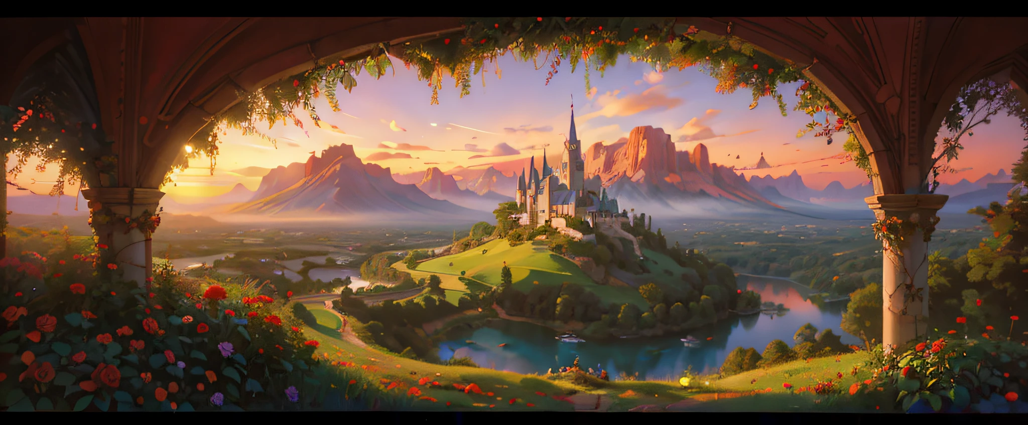 Imagem minimalista de um castelo com rosas vermelhas em primeiro plano, arte disney, Castelo bonito, magic castle, Fundo Disneyland, arte conceitual disney, arte de conto de fadas, pintura de conto de fadas, moldura dourada com rosas vermelhas, fantasia, Greg Hildebrandt altamente detalhado, fantasia arte vitoriana, beautiful render of a fairytale