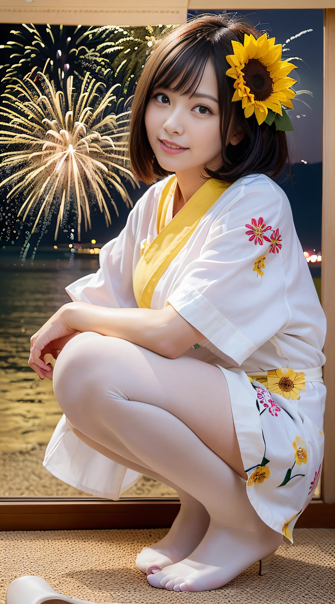Best Quality, masutepiece, 超A high resolution, (Photorealistic:1.4), Raw photo,8K, full body Esbian、full-shot、SFW、Beautiful Japan girl in the image of a geisha with big bright blue eyes and long fluffy eyelashes and fluffy wavy bob-cut wheat-colored hair with a graceful figure,、Squat across the beach towards the fireworks、Yellow and Japan shoes gatte color yellow、 ((Girls' yukata is、Sunflower appliqué and cherry embroidery))、Colossal tits、The scene is very artistic、In high resolution、The focus is clear and、、、、Artistic style of the Migiorni V5、hyperphotorealism、perfectly proportions、the golden ratio、f lare、outlines、 soft glow、softfocus、Photography Techniques Monocle、(Fireworks at night:1.4)、Beautiful starry sky:1.2、(night seaside:1.3)、((Don't get naked:1.5))、Lovely smile、(White pantyhose:1.4)、(Close the front of the yukata:1.4)、(White panties:1.2)、((No text:1.3))、((No logo:1.3))、((Squats with legs spread wide:1.4))、((Yellow with floral bra:1.3))