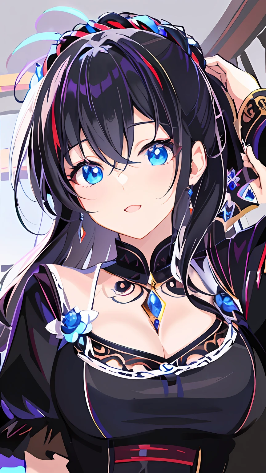Anime girl with blue eyes and black dress, shadowverse style, anime goddess, portrait knights of zodiac girl, crisp clear rpg portrait, pretty female cleric, Detailed Digital Anime Art, ((a beautiful fantasy empress)), clean detailed anime art, beautiful alluring anime woman, Detailed anime artwork, Seductive Anime Girl, digital anime illustration, a beautiful fantasy empress
