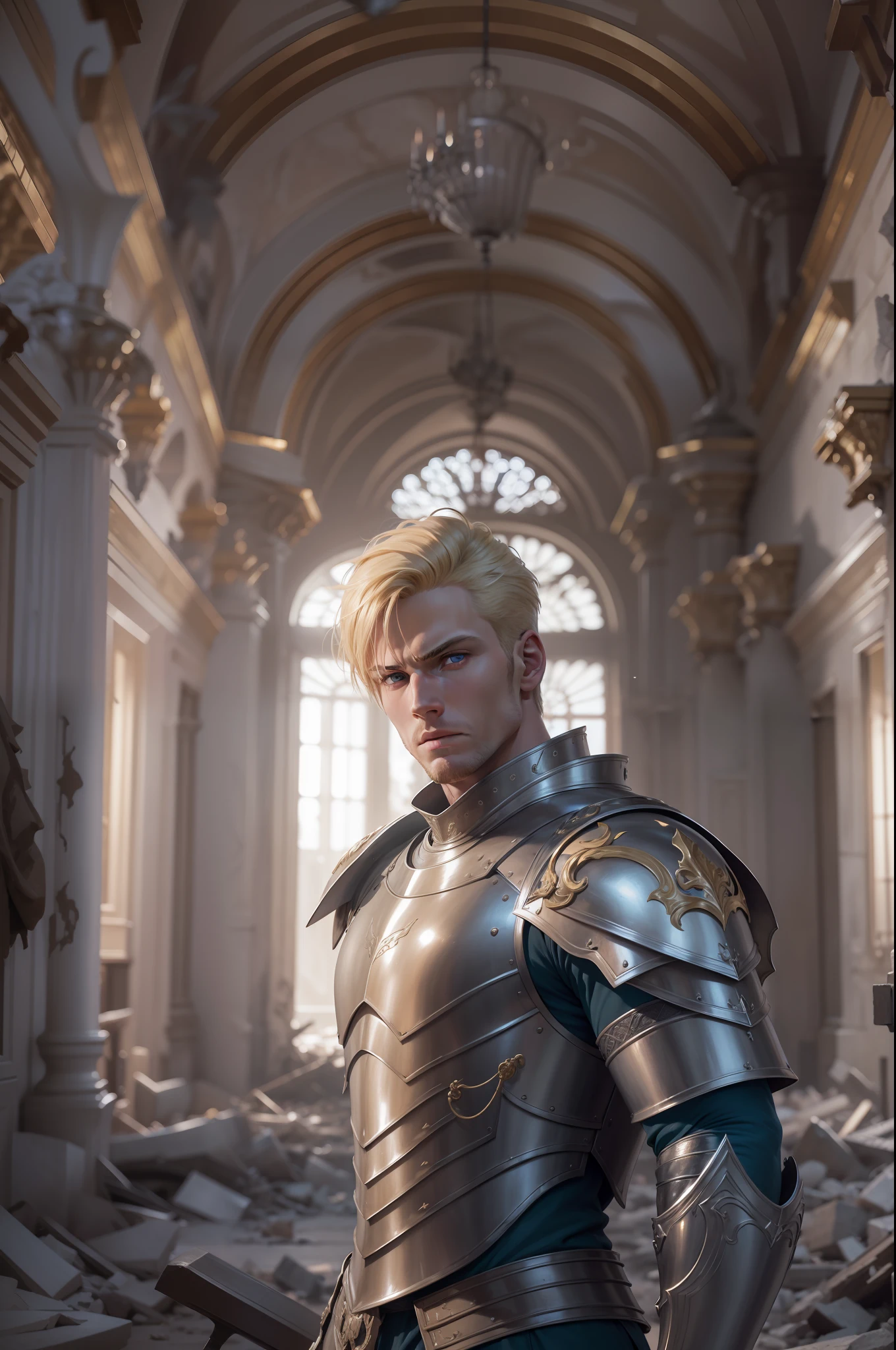 ultra realistic image of a blond man, short hair, ultra detailed blue eyes, 30 years old, tall and strong, dressed in silver armor torso and with golden shoulder pads, murderous expression, standing in a hall of a completely destroyed royal palace