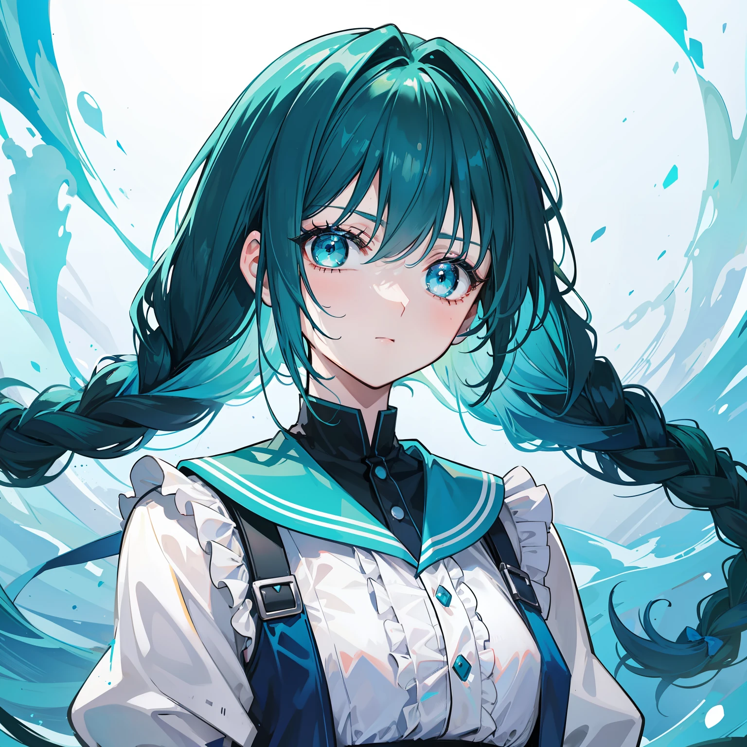 Wendy is a girl, her hair is blue and dark green，The most distinctive feature is the twisted braid of her sideburns，These two braids change from blue to dark green，Blue is the hair color that preserves her deceased friend，Green is the symbol of the wind god, and cyan eyes，Wearing white silk。