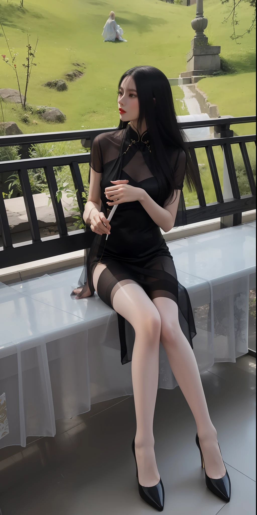 The Arapei woman sat on a bench,a cigarette in his hand, Translucent dress, Long thin legs, translucent silky dress, taken in 2 0 2 0, tall thin beautiful goddess, woman model, photo of slim girl, Cheongsam, full-body xianxia, soft silk dress, Long legs, very beautiful long slim legs, Silk dress, photoshoot,wearing silk stockings,Wearing flesh-colored stockings,Wear stockings with the same skin color,Wear skin color socks,Wears full-length flesh-colored stockings