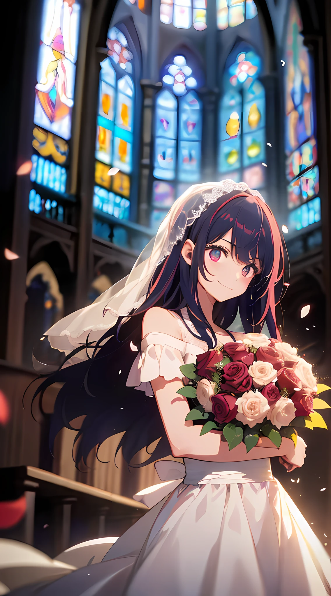 A maiden holding a bouquet: 1.2), wearing a wedding dress, dress translucent, bride, (wedding dress: 1.1), eyes glowing with floating hair, holding a bouquet, (faint smile: 1.3), magical girl, (church), stained glass background, (rose petals), fantasy, looking at the audience, (Particles: 0.7), Side Light, Tyndall Light, (Masterpiece, Flat Color, Color: 1.0), (Best Quality: 1.2), (High Accuracy: 1.1), 8K Resolution, Rich Detail, Perfect Light and Shadow, Clear Background, Noise Reduction