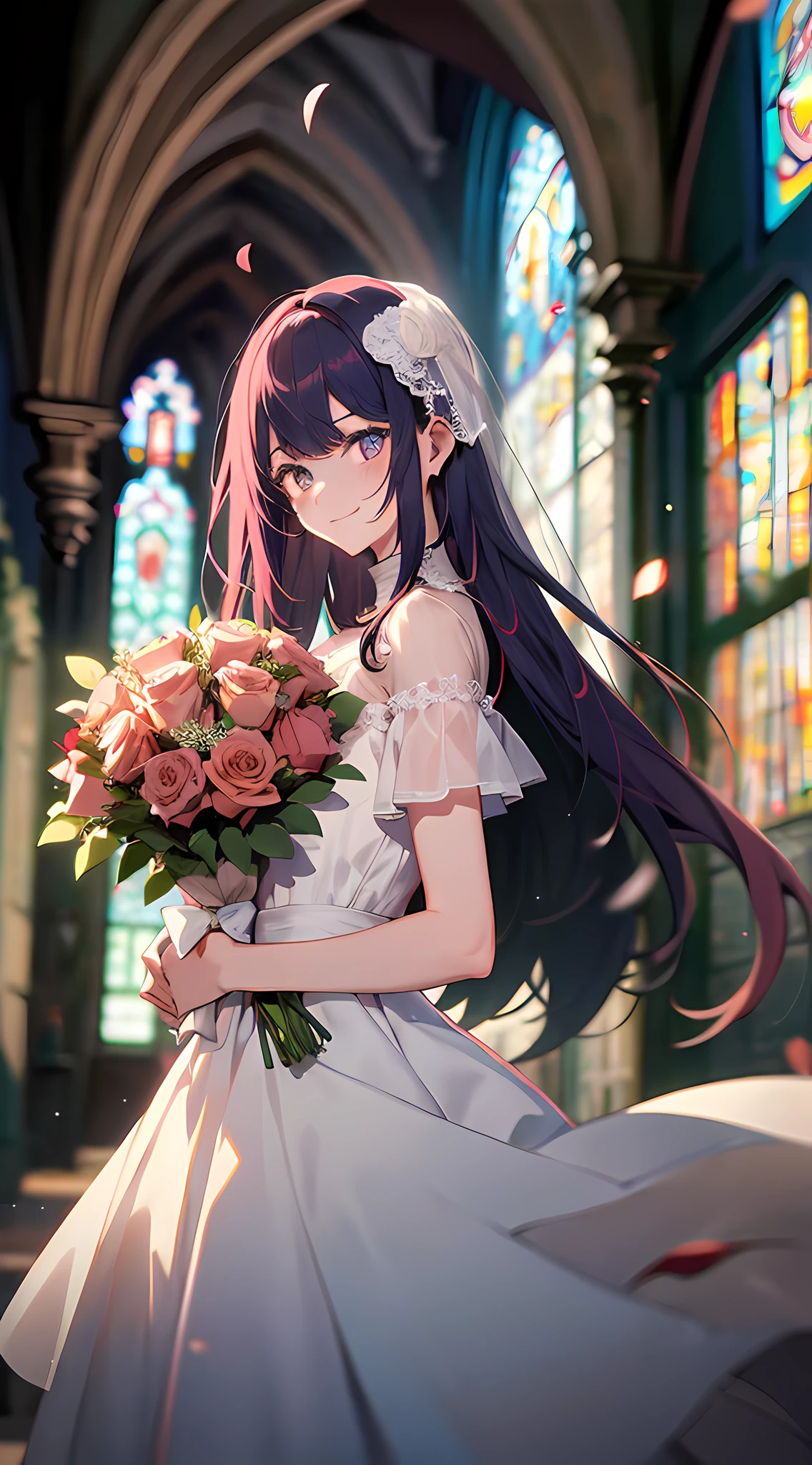A maiden holding a bouquet: 1.2), wearing a wedding dress, dress translucent, bride, (wedding dress: 1.1), eyes glowing with floating hair, holding a bouquet, (faint smile: 1.3), magical girl, (church), stained glass background, (rose petals), fantasy, looking at the audience, (Particles: 0.7), Side Light, Tyndall Light, (Masterpiece, Flat Color, Color: 1.0), (Best Quality: 1.2), (High Accuracy: 1.1), 8K Resolution, Rich Detail, Perfect Light and Shadow, Clear Background, Noise Reduction