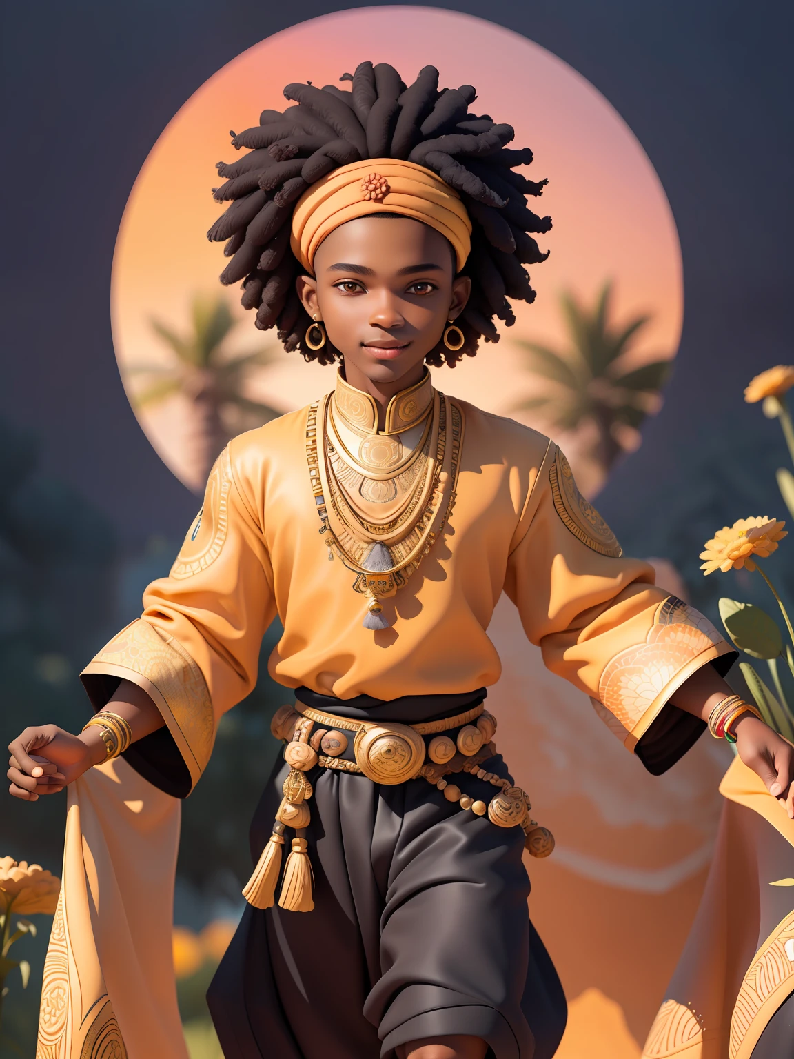 (masterpiece),(best quality),(ultra-detailed), (full body:1.2), black man, male, short hair, teenage, typical african clothing, black clothes, prince, light smile, turban, African, cover in back, :3, afro clothes, blurry, black hair, brown hair, flower, background abstract, sunset (beautiful detailed face), (beautiful detailed eyes), flower, outdoors