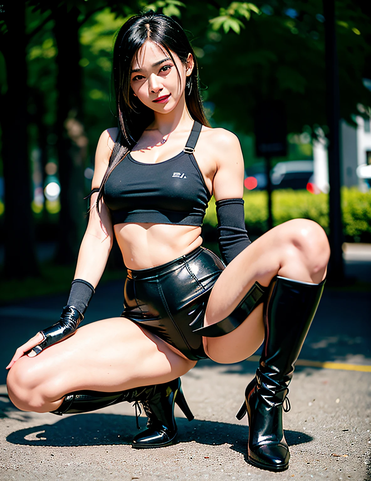(8K, top-quality, masterpiece:1.2), (realisitic, Photorealsitic:1.37), ultra-detailliert, 1girl in,cute little, 独奏, (Tifa Lockhart), (Colossal tits),(beatiful detailed eyes), (A smile:1.2), (a closed mouth), erotic posing, dance, Neon light, A city scape, depth of fields, Dark strong shadows, foco nítido, ((super car))、 Bolides, motion-blur, motorbike, depth of fields, good compositions, Green glowing light, Final Fantasy VII, date,(Nasal blush), Single elbow pad、Ankle Boots、A dark-haired、black thigh、Red boots、elbowgloves、elbow pad、Fingerless gloves、Tense shirt、Sportsbra、(Suspender Black Skirt)、thighs thighs thighs thighs、white tank tops、full body Esbian、head rest、s lips、kawaii faces、Long hair of a ro-tie、((Red_Eyes))、yellow flower、(natta:1.3)、with an intricate、bokeh dof、电影灯光、photon maping、Radio City、physically-based renderingt、(Tetsuya Nomura Style)、 perfect chest、(Open your legs in front of eye level)