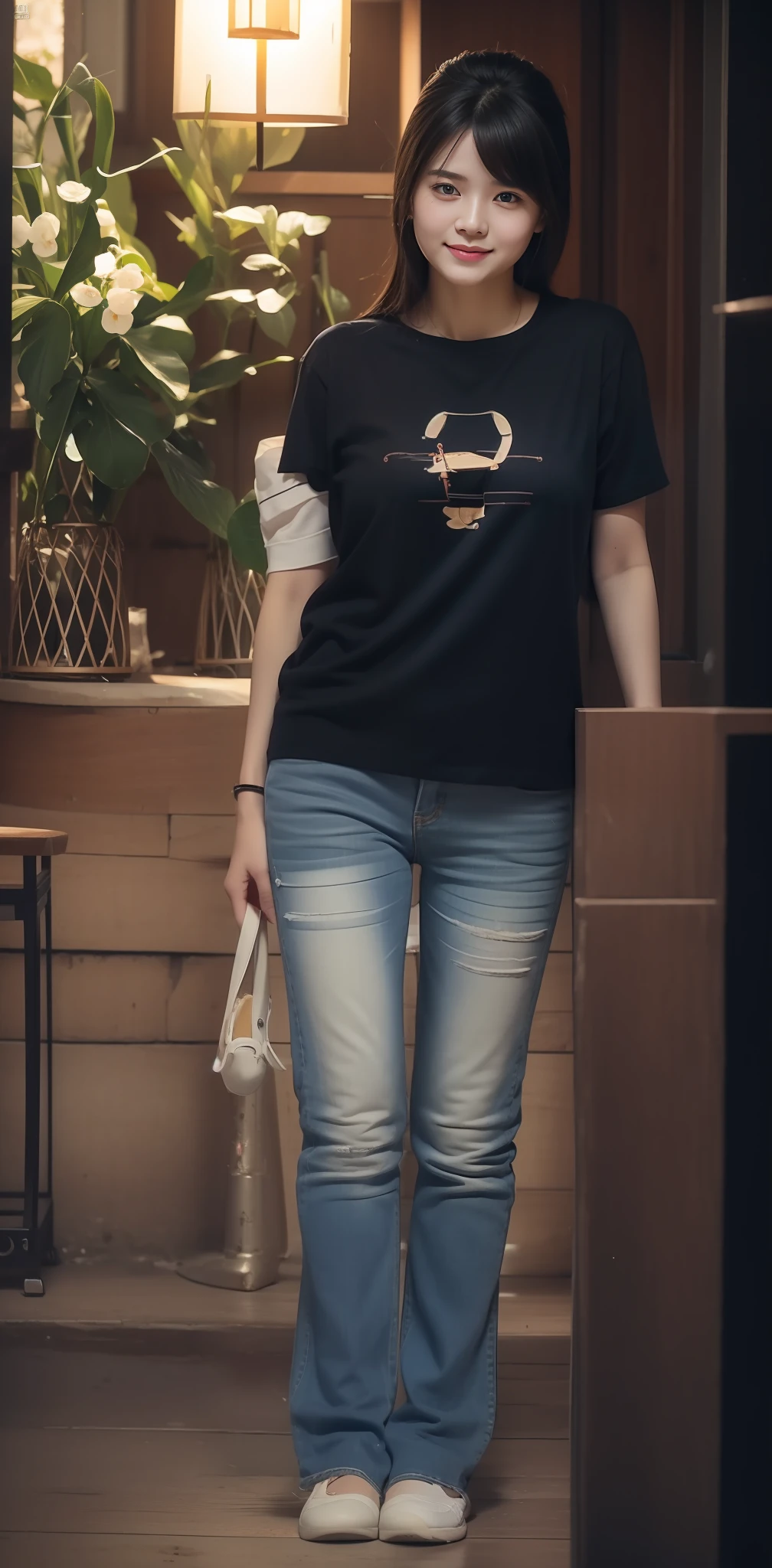 Zhu Ai_Villas,RAW photos,Brand photos,(highdetailskin:1.2),8k ultra high definition,digital SLR camera,gentlesoftlighting,high high quality,filmgrain,富士XT3,20 years old Asian woman,Wear simple clothes,T-shirt and skinny jeans,Detailed clothing details:1.3,perfect body figure,Super detailed facial details and skin,Fair and tender face and skin,二重まぶた,Super detailed eyes,fully body photo