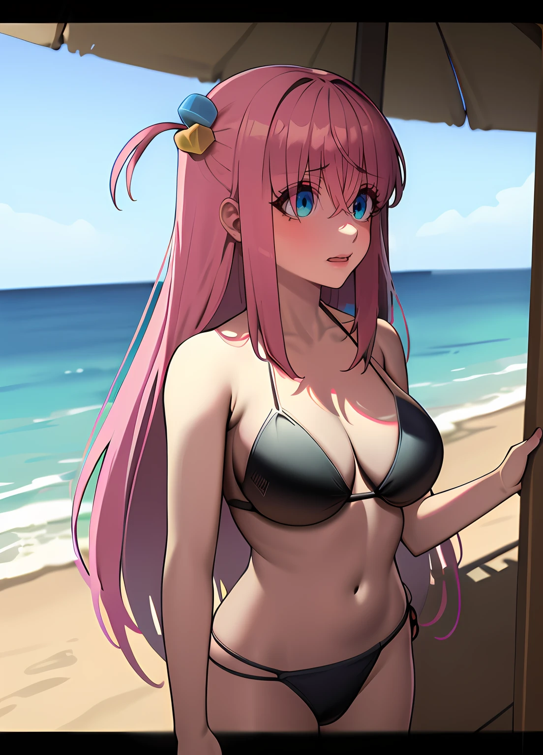masterpiece, best quality, highres, gotou1, gotou hitori, solo, bikini, beach, standing, beautifull eyes, detailed eyes, blue eyes