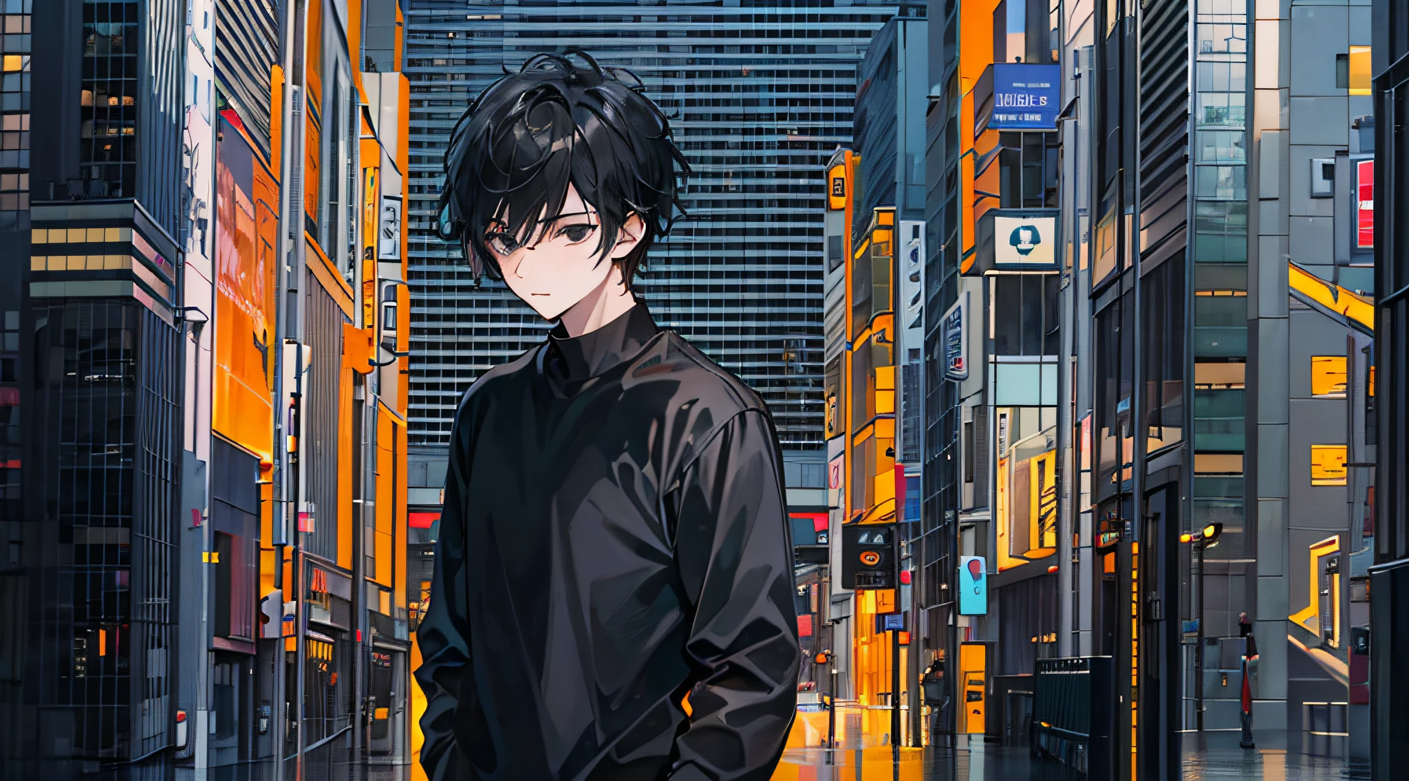 A 20-year-old boy,Black shirt, Black hair, Black eyes,modernn architecture,front portrait,