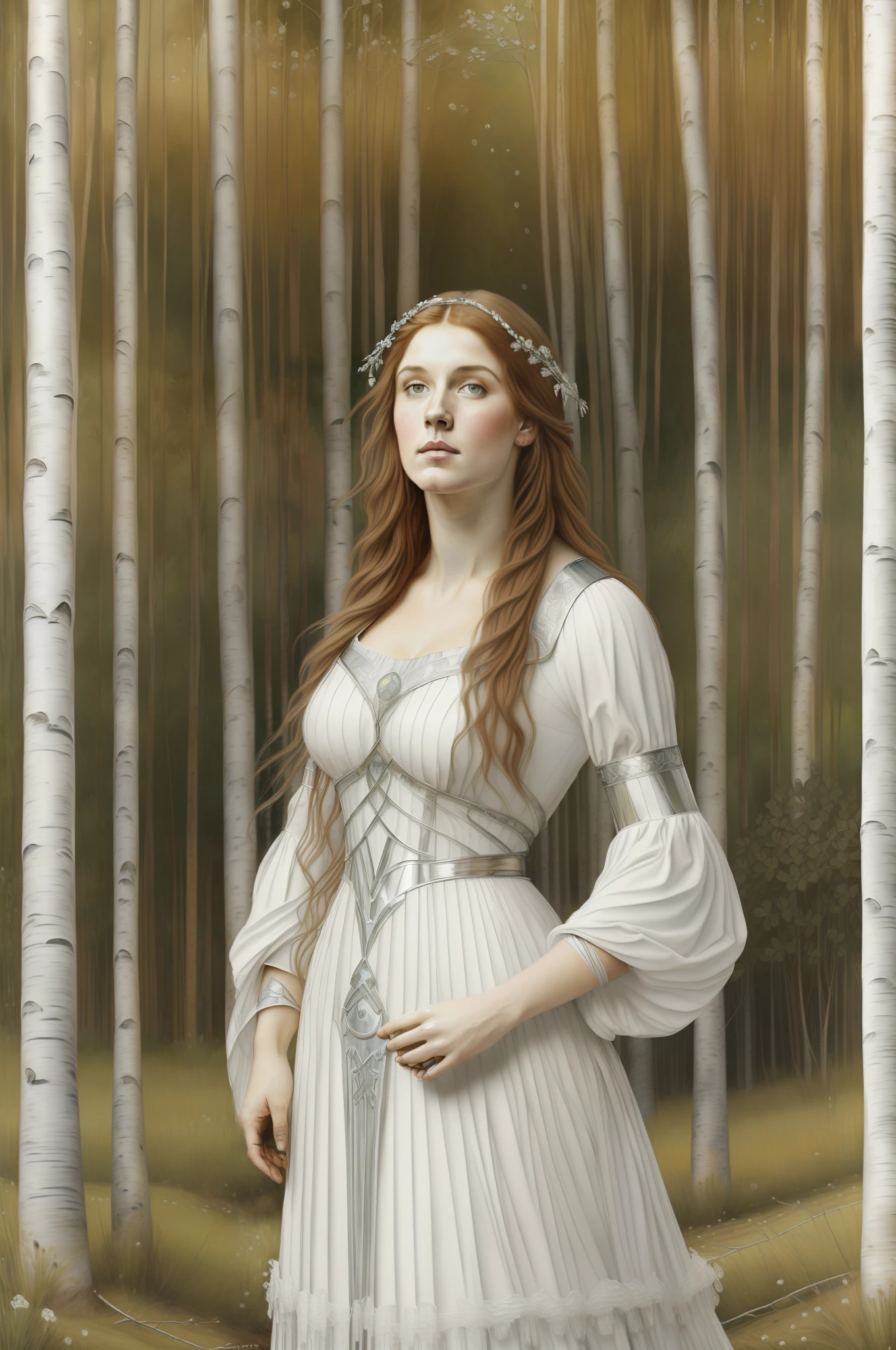 (((Pre-Raphaelite painting of a Celtic woman in white and silver, Cabelos louros, in a birch grove, paisagem celta em tons outonais)))