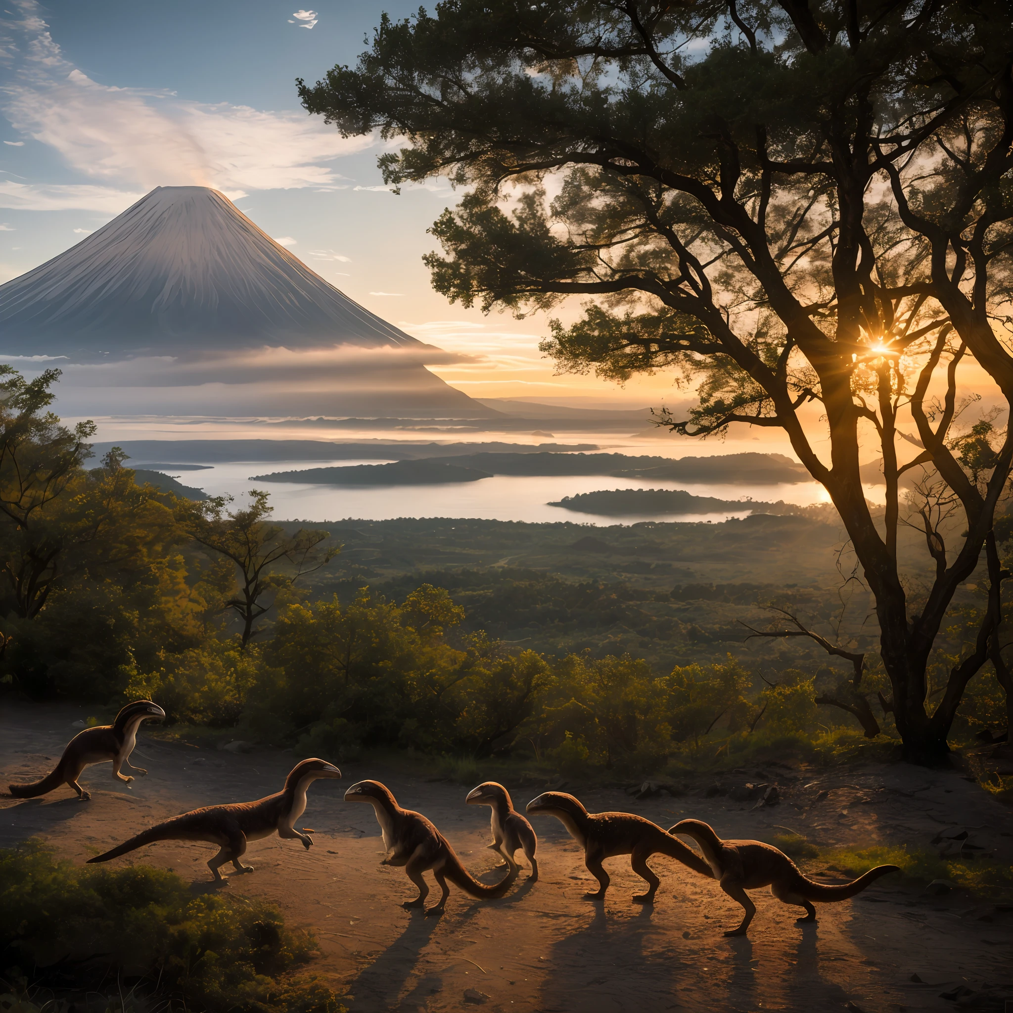 RAW photos，best qualtiy，超高分辨率，realisticlying，photograph of-realistic，A group of velociraptors in the forest，run，lakes，in a panoramic view，There are volcanic eruptions in the distance，Armageddon，Cinematic texture，dark，（Very detailed CG Unity 8k wallpaper）， Photos of the world's most beautiful artwork， Professional majestic（photography of：Steve McCurry），8k UHD，digital SLR camera，gentle lighting，high high quality，filmgrain，Fujifilm XT3 sharp focus，f 5.6，high detal，Sharp focus，dramatics，（watch audience：1.2），（natural soft light）