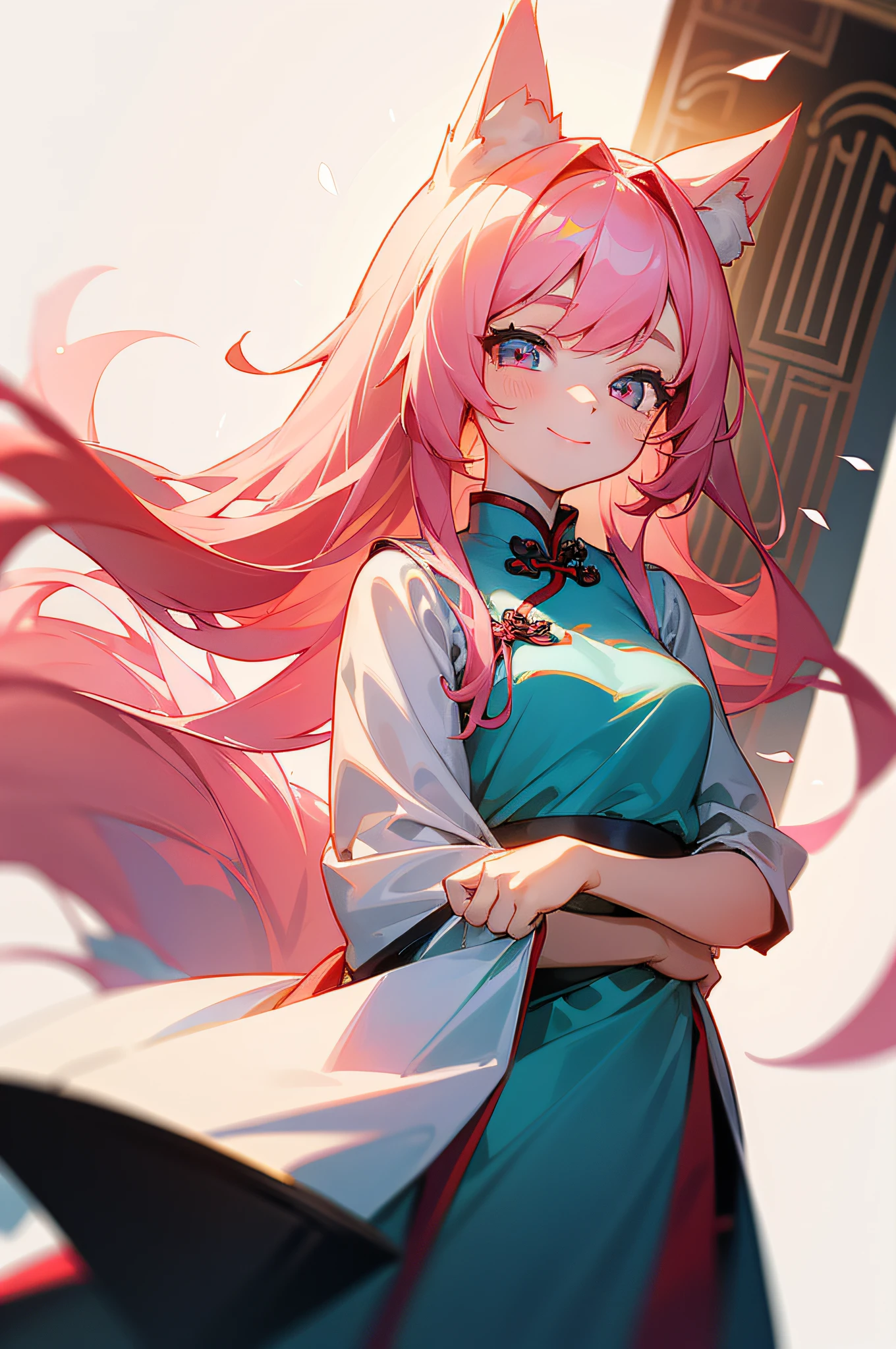 A young girl wearing a red traditional Chinese cheongsam,Age 16 years,with pink hair,It has white fox ears and a fluffy white fox tail,Sweet and cute,The smile is bright,Clear eyes,The eyes are light blue,Sitting in the attic