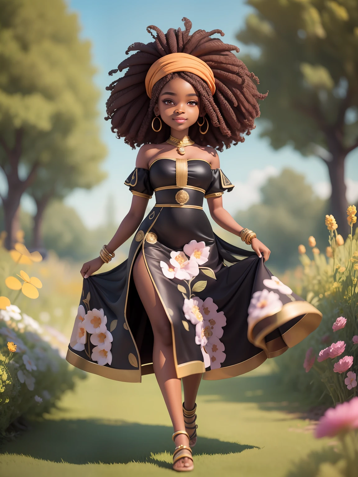 (masterpiece),(best quality),(ultra-detailed), (full body:1.2), black woman, teenager, fantasy universe, long dress, light smile, flower, outdoors, turban, :3, afro clothes, princess, blurry, brown hair, black hair, background abstract (beautiful detailed face), (beautiful detailed eyes),