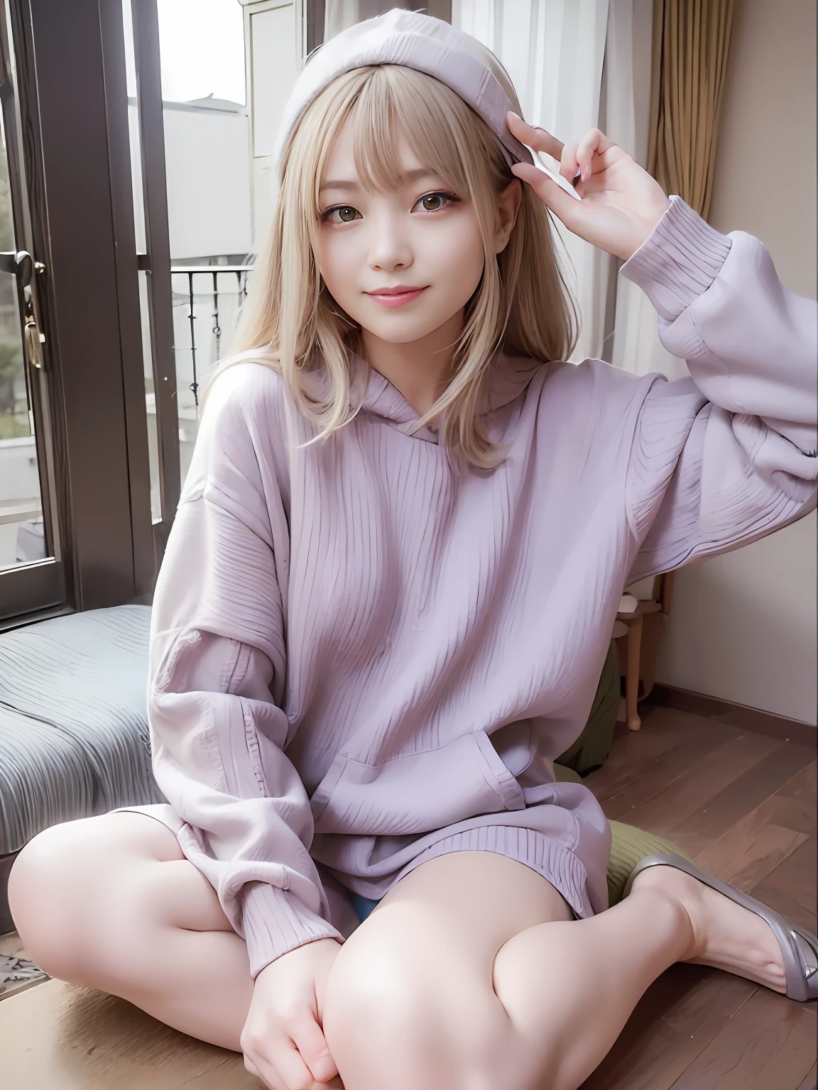 (dynamicposes:1.4)、 (dynamic ungle:1.4)、hyper detailed background、(inside in room:1.2)、((top-quality、8K、​masterpiece:1.3))、1girl in、Peace Pose、A smile、full body Esbian、Slim Faces、Pretty women、(Silvery hair:1.1)、hyperdetailed face、A detailed eye、二重まぶた、blured background、Slim Faces、Cute、extremely delicate and beautiful、A mischievous grinning face、Overall、ultra-detailliert、4K、masutepiece、small mouth、(Colossal tits)、(Oversized Hoodies、Oversized sweater:1.2)、hime-cut、Small smiling mouth、a small face、tiarra、