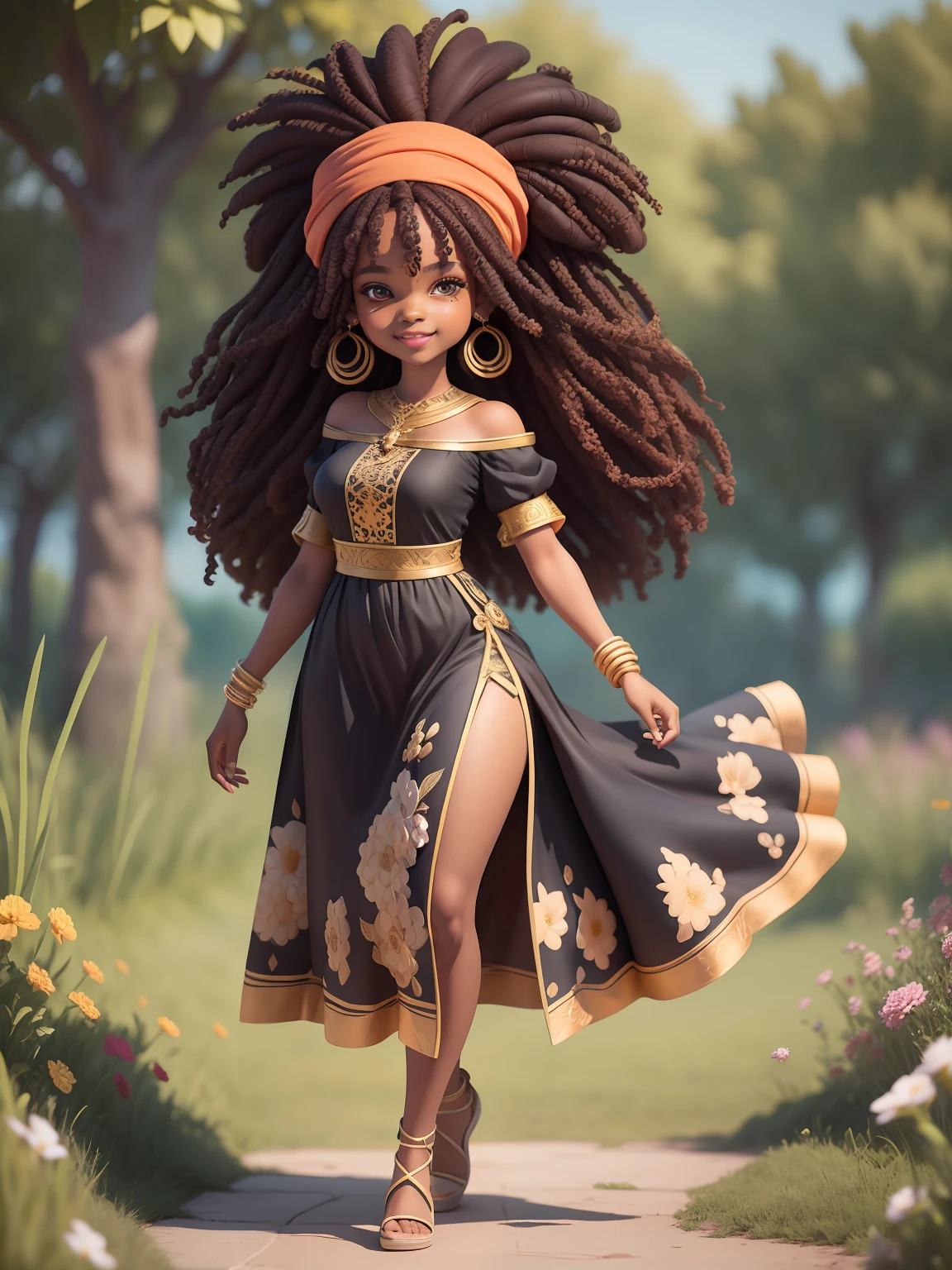 (masterpiece),(best quality),(ultra-detailed), (full body:1.2), black woman, teenager, fantasy universe, long dress, light smile, flower, outdoors, turban, :3, afro clothes, princess, blurry, brown hair, black hair, background abstract (beautiful detailed face), (beautiful detailed eyes),