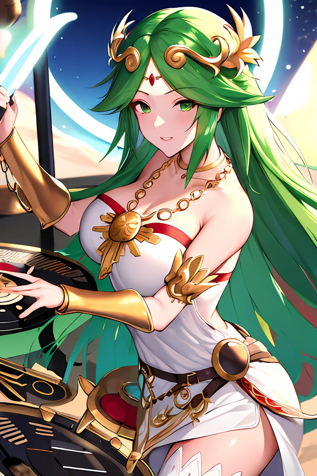 masterpiece, best quality, highres, hmpa1, palutena, parted bangs, tiara, large breasts, necklace, bare shoulders, strapless dress, vambraces, belt, white dress, white thighhighs, single thighhigh, outdoors, holding staff, staff, holding shield, a DJ, showcasing her skills on the turntables at a vibrant rave."