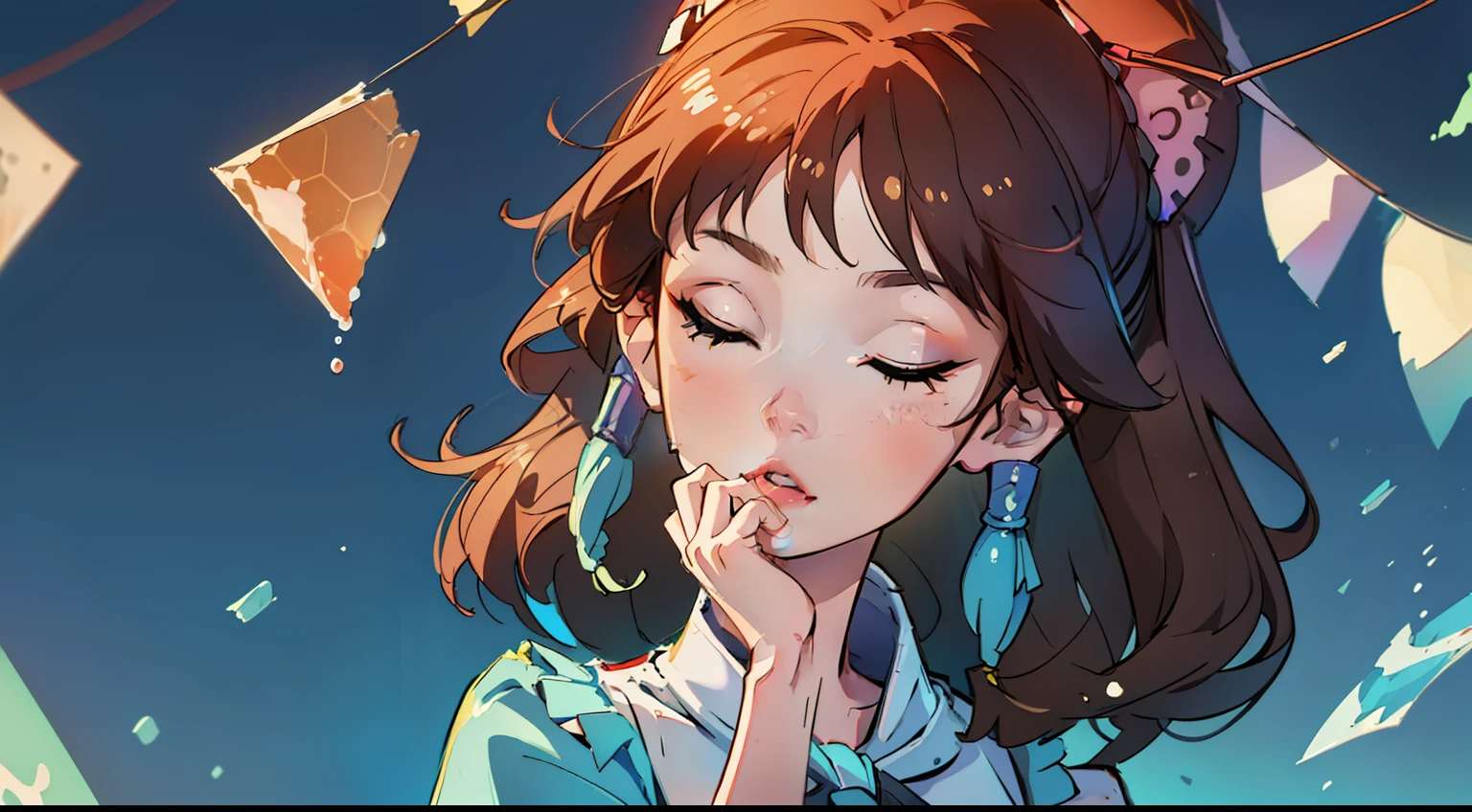 masterpiece, best quality, 1girl, closed eyes, upper body, splashing, abstract, woman listening to a headphone,psychedelic, neon, (honeycomb pattern), (creative:1.3), sy3, SMM, fantasy00d, hands behind back,