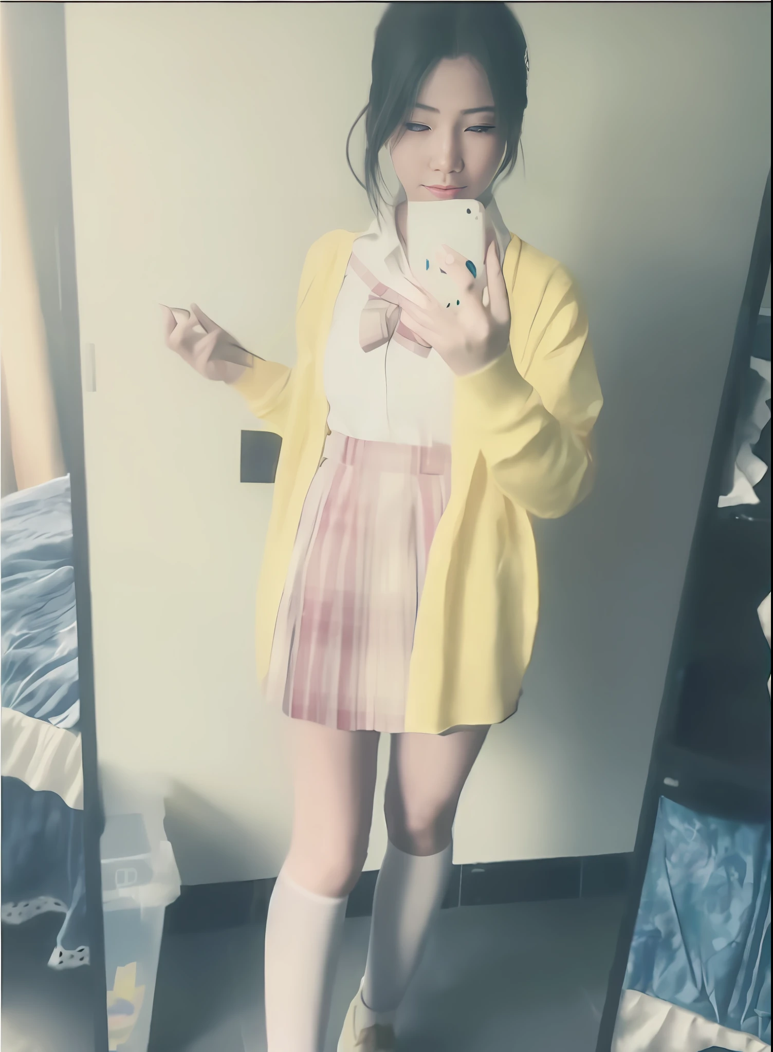 there is a woman that is taking a selfie in a mirror, full bodyesbian!!, Full body picture, outfit photograph, Yellow clothes, aya takano color style, with yellow cloths, full bodyesbian! Pretty face, full bodyesbian!, full body with costume, wearing skirt and high socks, dressed as schoolgirl, Magical school student uniform, Anime girl in real life
