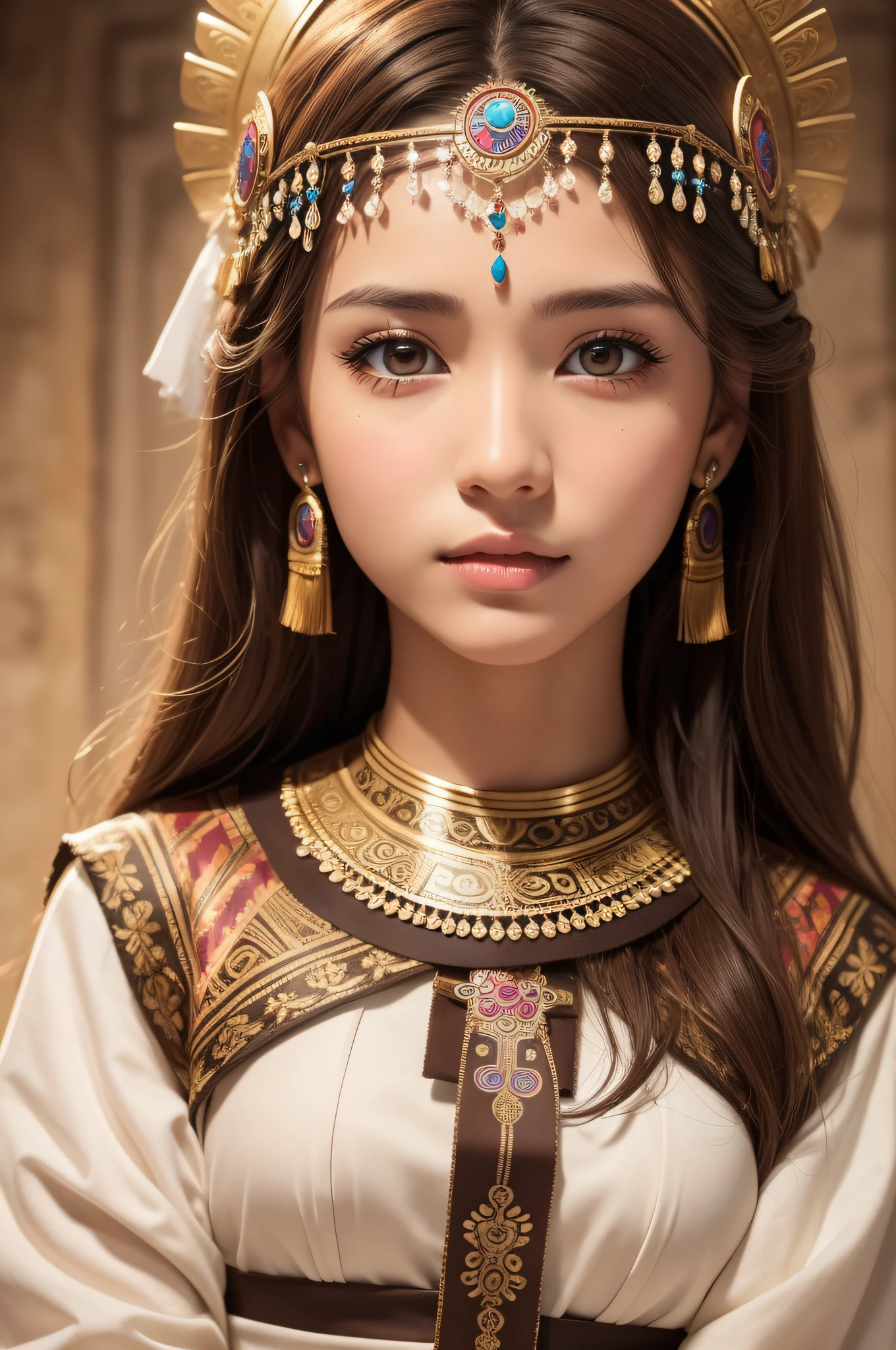 best quality, masterpiece, (realistic:1.2), 1 girl, brown hair, brown eyes, Front, detailed face, beautiful eyes, full body, wearing Mayan costumes