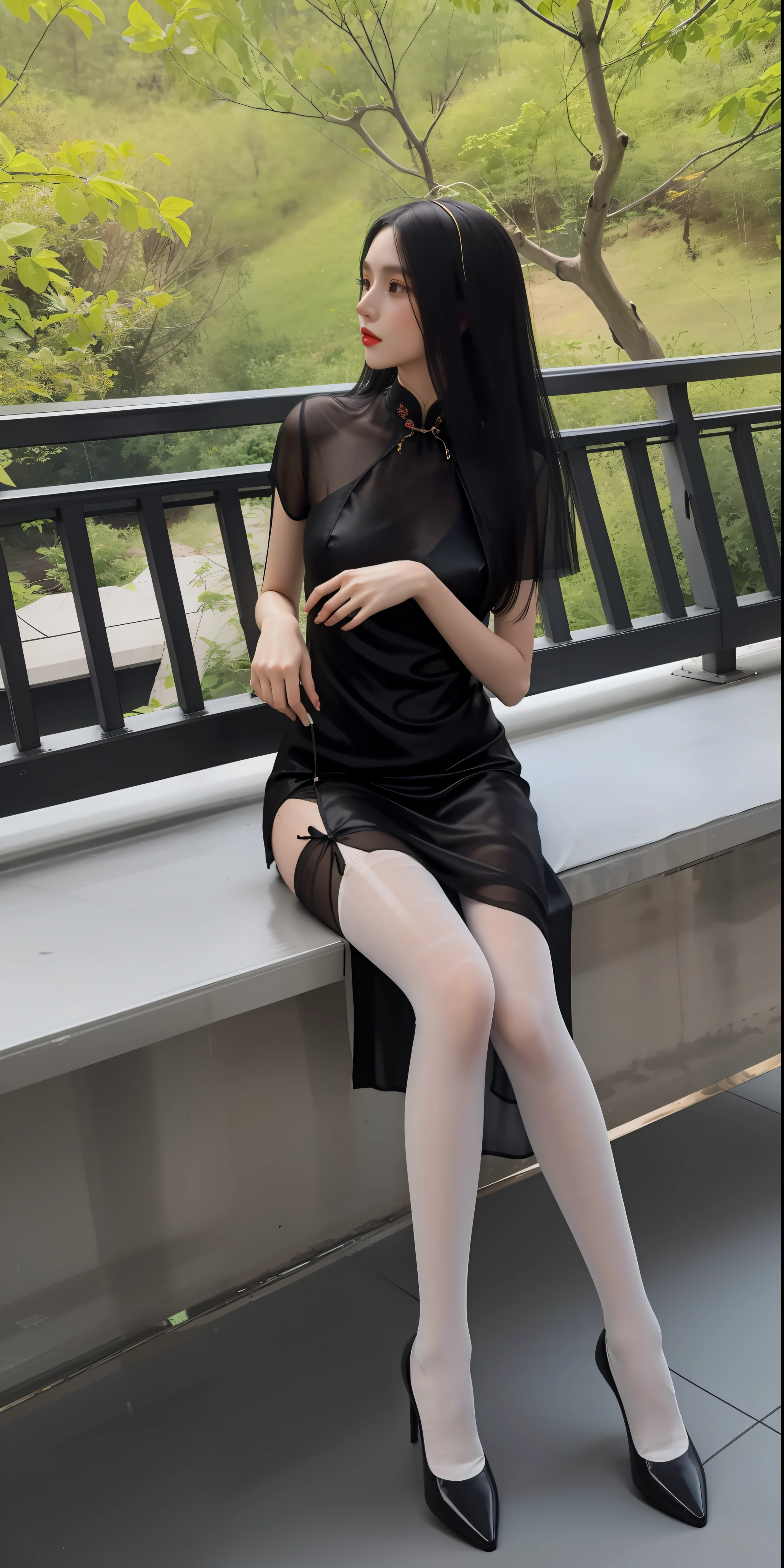 The Arapei woman sat on a bench，a cigarette in his hand, Translucent dress, Long thin legs, translucent silky dress, taken in 2 0 2 0, tall thin beautiful goddess, woman model, photo of slim girl, Cheongsam, full-body xianxia, soft silk dress, Long legs, very beautiful long slim legs, Silk dress, photoshoot，wearing silk stockings，Wearing flesh-colored stockings，Wear stockings with the same skin color，Wear skin color socks，Wears full-length flesh-colored stockings